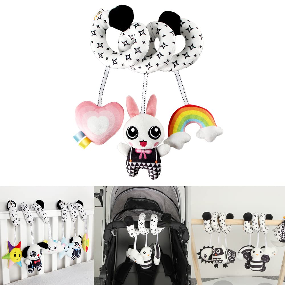 Soft Spiral Plush Bunny Toy for Babies - High Contrast Stroller & Car Seat Sensory Toy with Rattle, Crib Mobile Hanging Toy for Newborns - Perfect for Early Development & Visual Stimulation