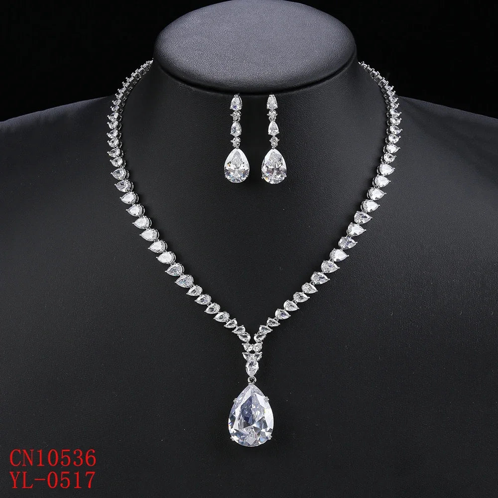 Elegant CZ Water Drop Cubic Zirconia Pendant Necklace & Earrings Set - Bridal Wedding Jewelry for Women - Perfect Gift for Anniversary, Engagement & Special Occasions (CN10536)