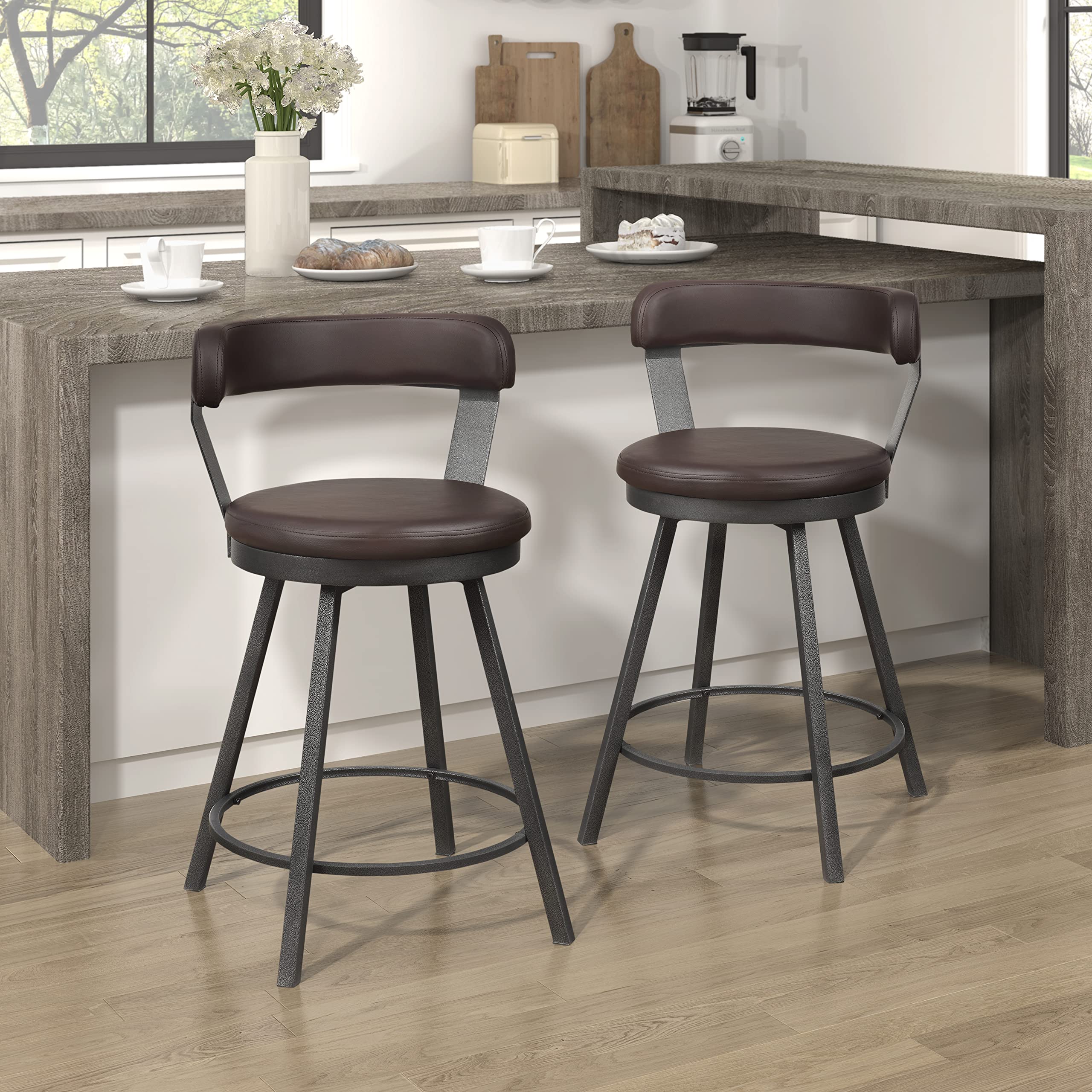 Lexicon Ruthie Swivel Counter Stool Set of 2 - 25.5 Inch Bar Height Stools with 360 Degree Rotation - Brown Upholstered Kitchen Island Stools for Breakfast Nook, Bar Counter & Home Decor