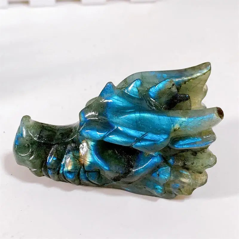 8CM Natural Labradorite Crystal Handmade Dragon Skull Carving - Polished Animal Power Statue for Home Decor, Office Feng Shui, Meditation Gift (1PC) | Spiritual Healing, Wiccan Altar, Crystal Collection Display
