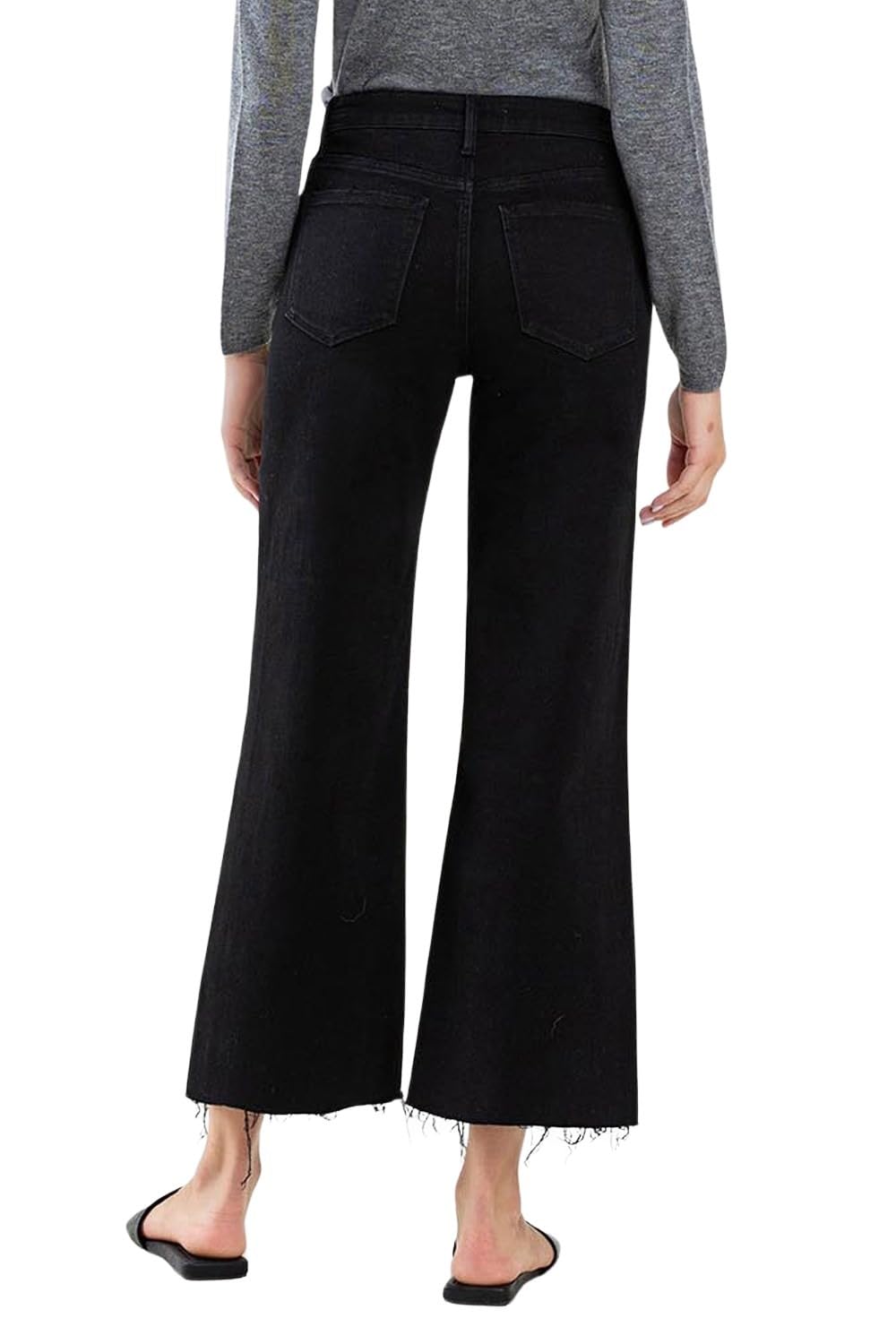 Jet Black High-Rise Raw Hem Cropped Wide Leg Jeans for Women - Trendy Distressed Denim Pants for Casual Outfits, Street Style & Everyday Wear