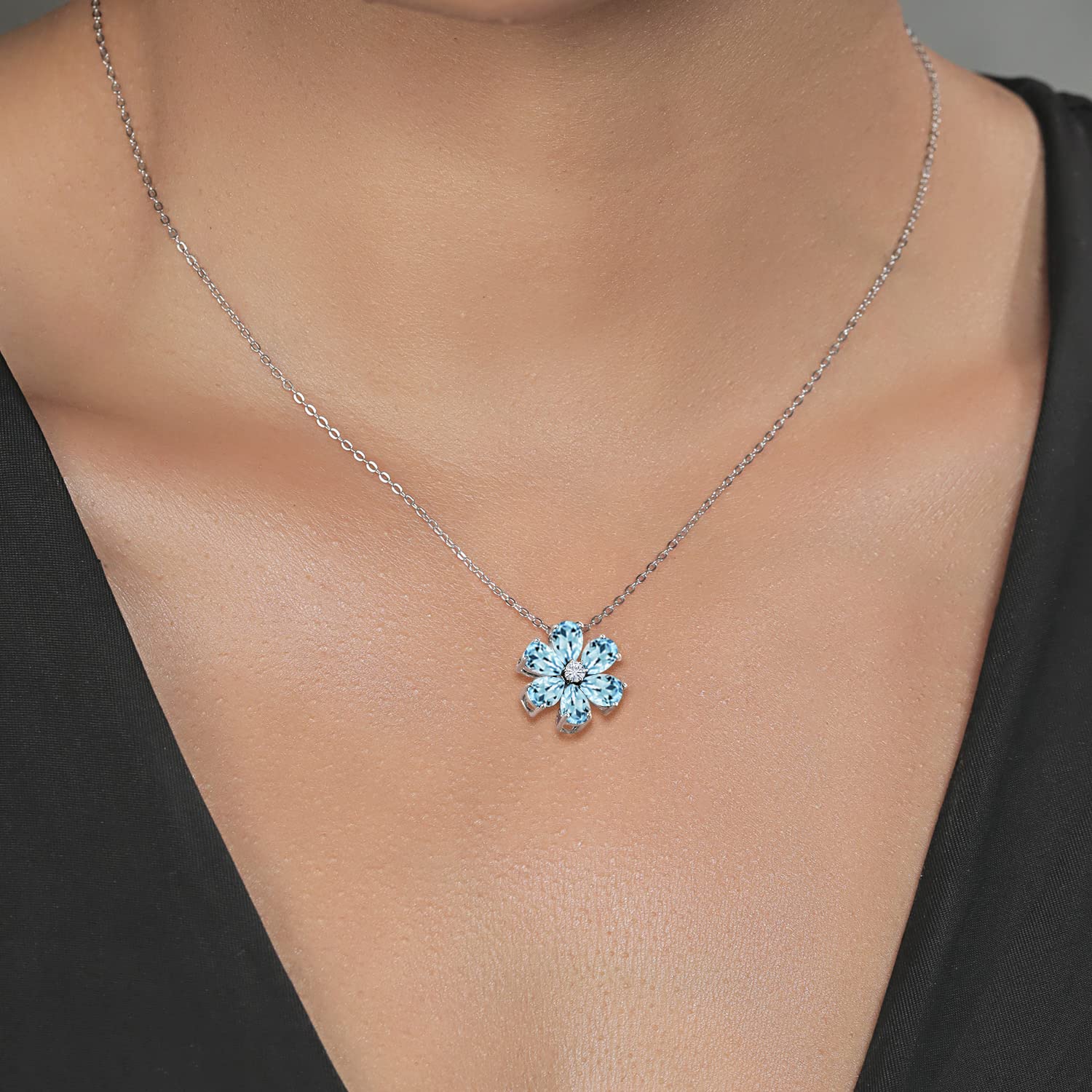 925 Sterling Silver & 10K Yellow Gold Pear Shape Floral Pendant Necklace with Sky Blue Topaz & Moissanite (3.07 CTTW) - Elegant Jewelry Gift for Women, Perfect for Weddings, Anniversaries & Special Occasions