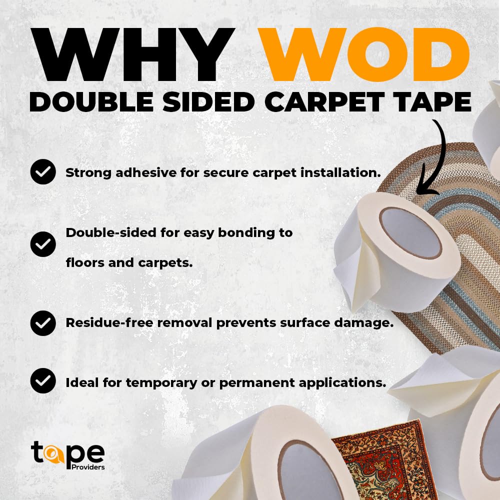WOD DCPT43T Double Sided Carpet Tape - 12 inch x 33 Yards Heavy Duty Rug Gripper for Hardwood Floors, Securing Area Rugs & Carpets - Perfect for Home Decor, Arts & Crafts Projects - Great for Living Rooms, Bedrooms & DIY Projects