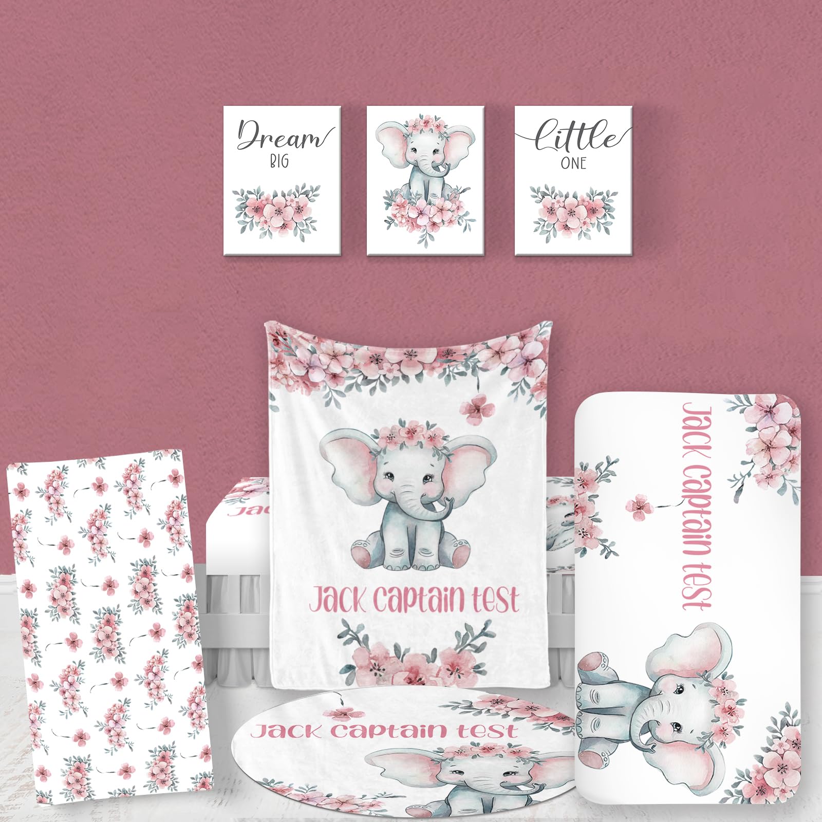 Custom Baby Bedding Set - Personalized Pink Elephant Nursery Bedding with Blanket, Fitted Sheet & Changing Cover | Soft Nursery Rug & Room Decor | Perfect Baby Shower Gift for Girls & Newborns | Ideal for Cribs, Bassinets & Nursery Decorations