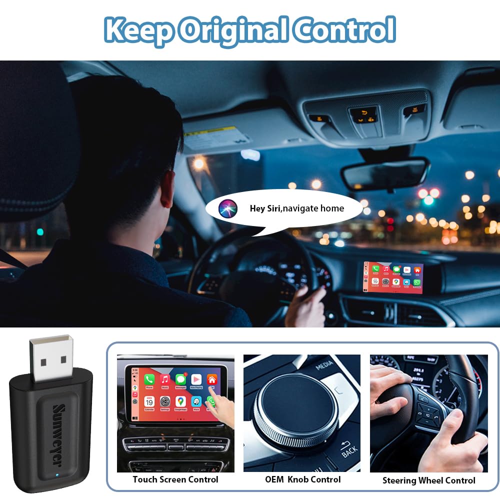 Sunweyer 2024 Wireless CarPlay & Android Auto Adapter - 2-in-1 Auto Connect Box with Online Updates | Wired to Wireless Converter for Cars 2015+ & iPhone iOS 10+ | Perfect for Commuting, Road Trips & Hands-Free Navigation