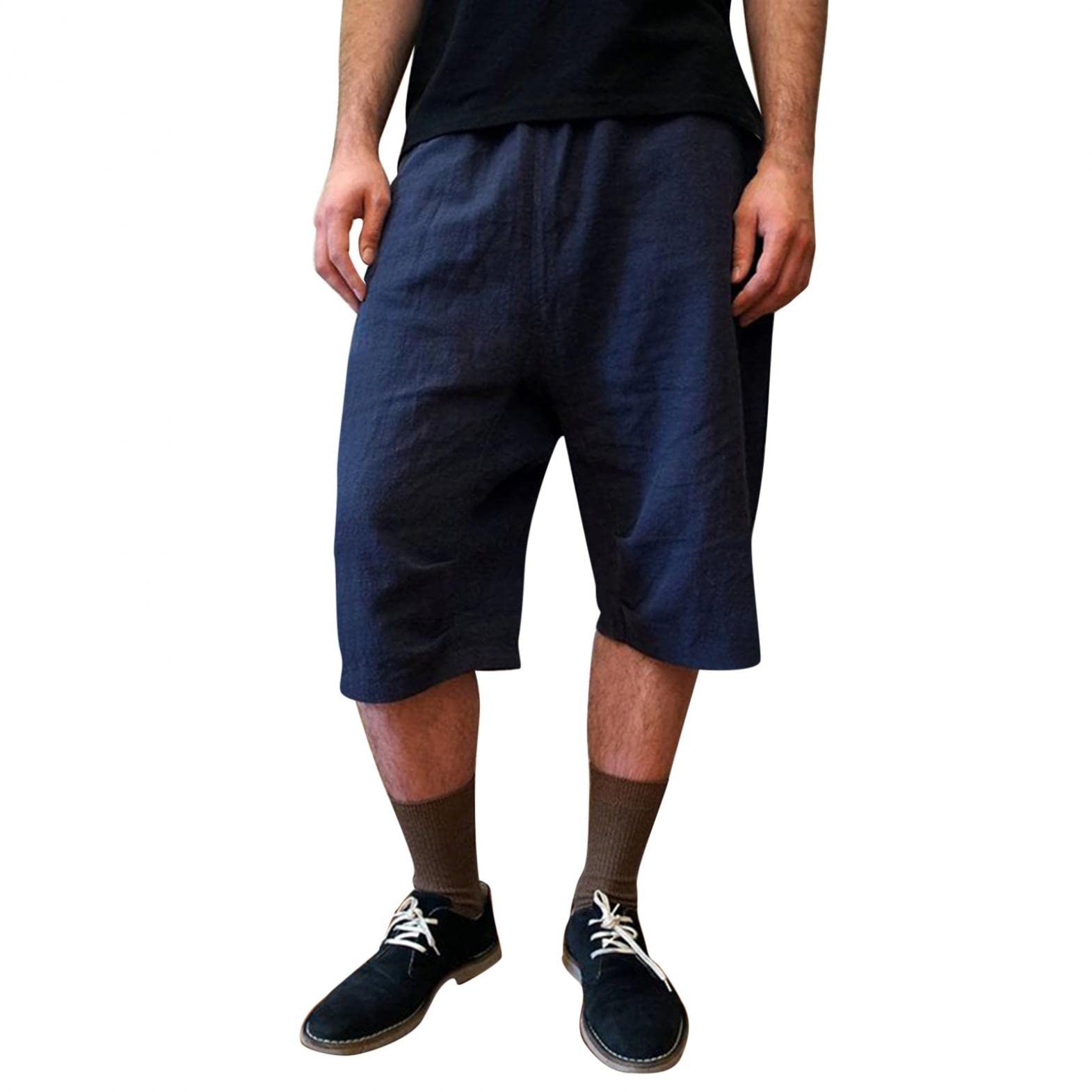 **Men's Linen Cotton Capri Shorts - Breathable Wide Leg Below Knee Harem Pants with Pockets for Basketball & Casual Wear**    *(Perfect for Summer, Sports, Travel & Lounge Wear)*