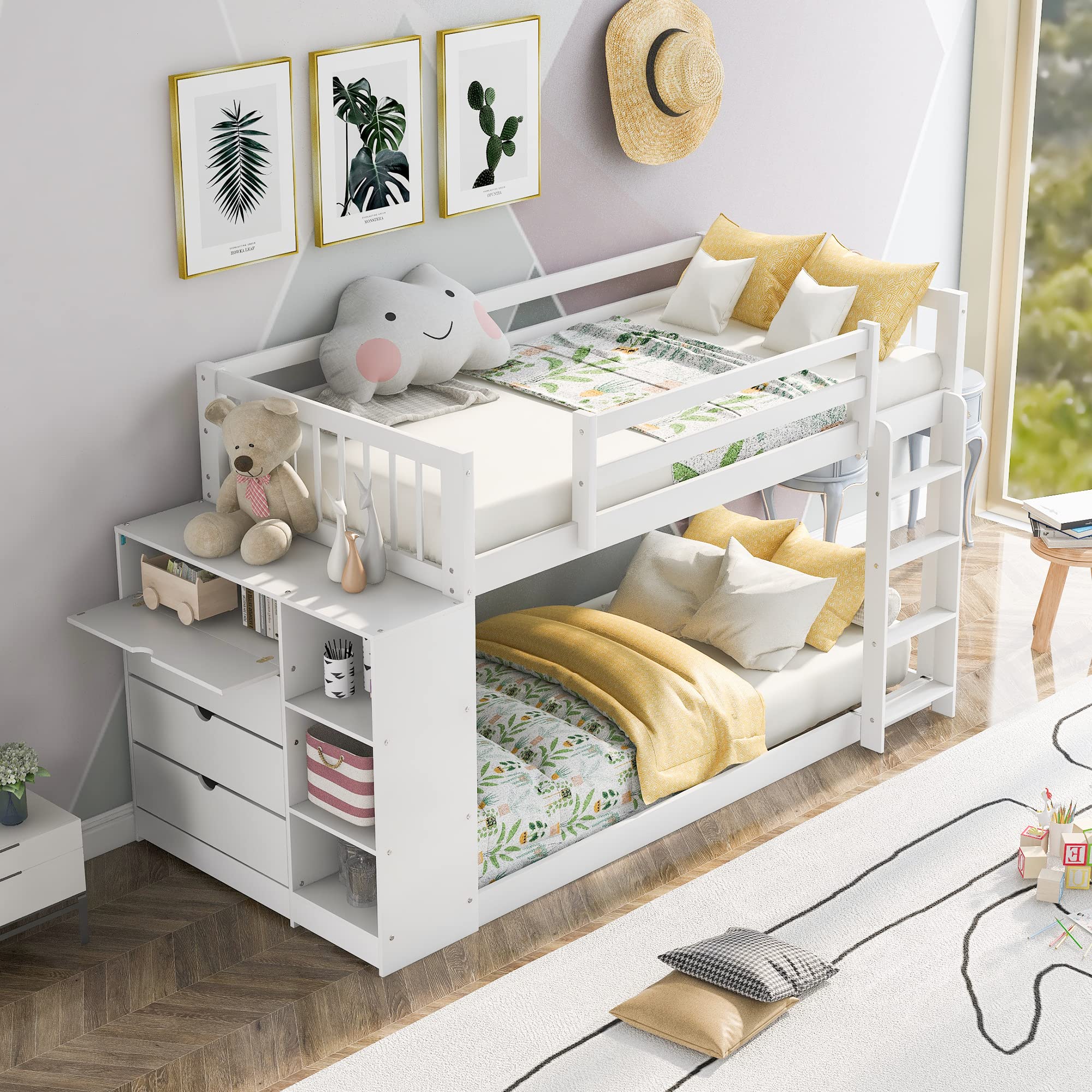 Twin Over Twin Solid Wood Bunk Bed with Storage Cabinet & Shelves - Low Loft Bed Frame with Ladder & Guardrails for Kids, Teens & Adults - Multi-Functional Space Saving Design (White) - Perfect for Small Bedrooms, Dorm Rooms & Guest Rooms
