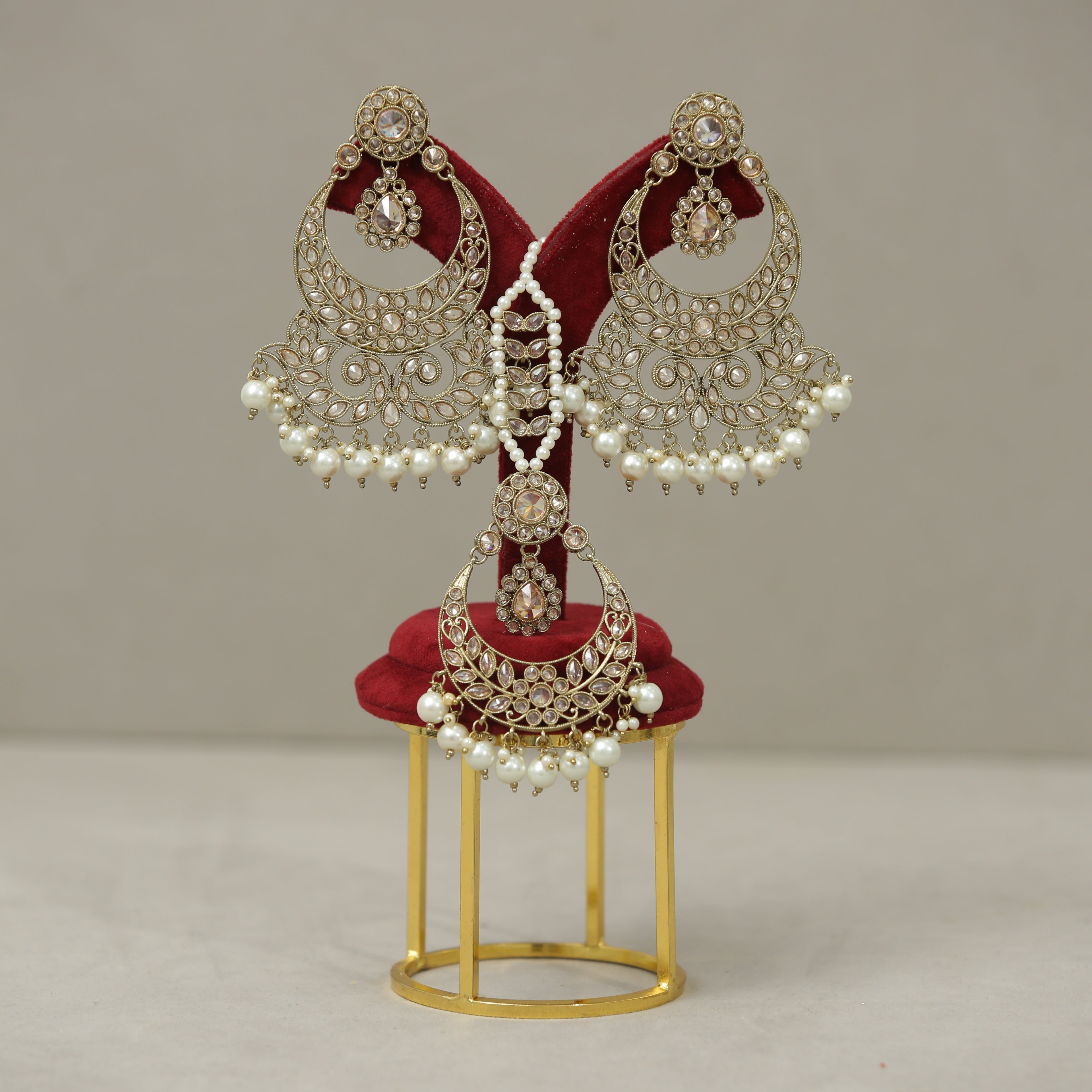 Eva Polki Earrings With Tikka - Traditional Indian Jewelry for Women - Handmade Kundan Bridal Earrings for Weddings, Parties & Festivals