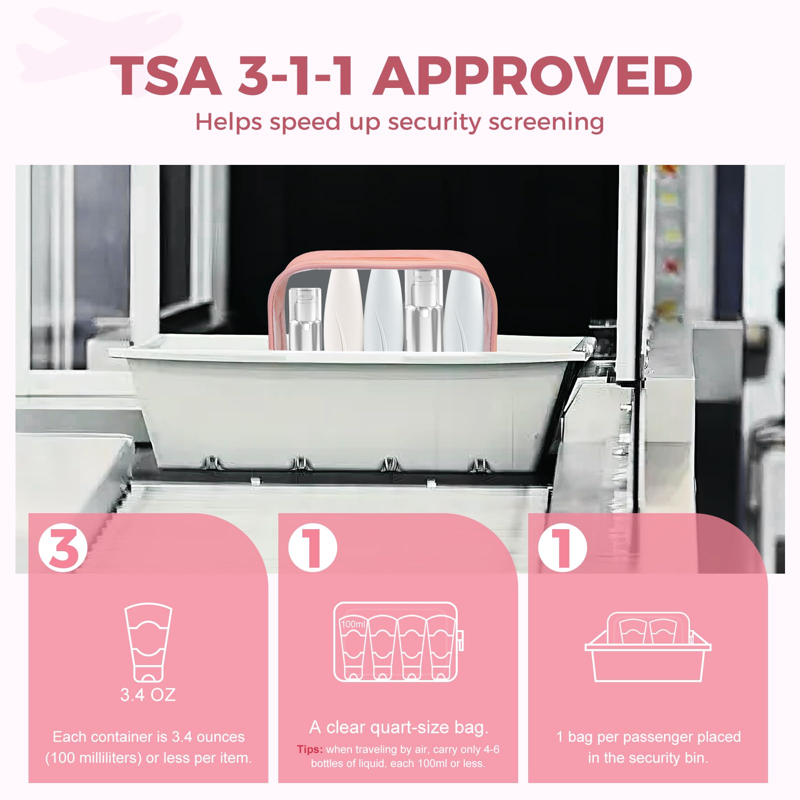 TSA Approved Clear Toiletry Bag - Quart Size 3-1-1 Compliant Travel Cosmetic Organizer for Women & Men | Transparent Makeup Pouch in Peach Pink | Perfect for Airplane Carry-On, Gym Essentials & Vacation Packing