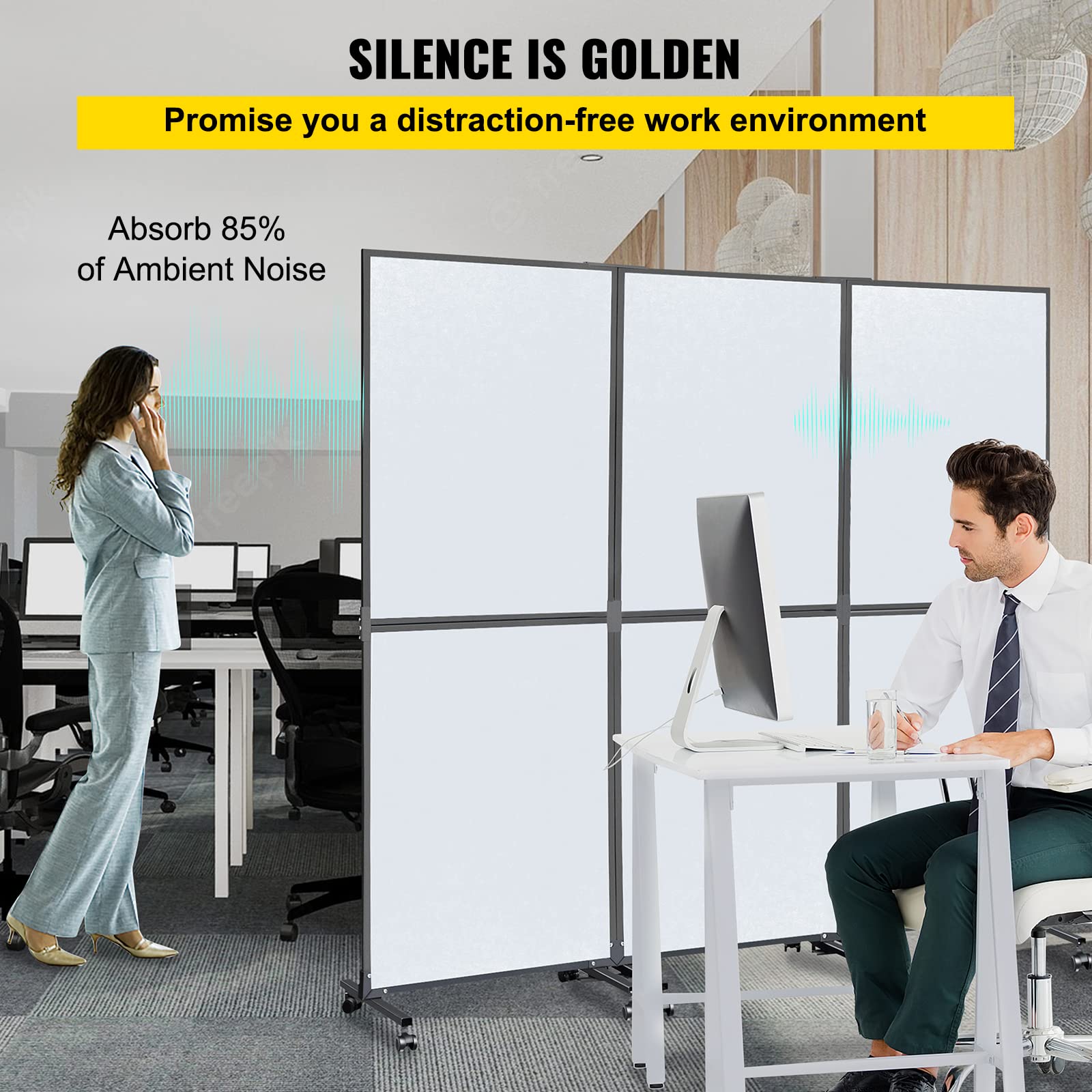 VEVOR 5.5 ft Folding Room Divider - 3 Panel Portable Privacy Screen for Office, Library, School - Soundproof Partition with Cool Gray Finish - Perfect for Workspace Separation, Study Areas & Home Privacy