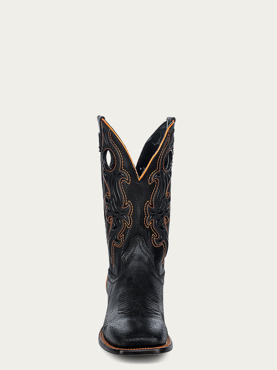 Men's Orange Rubber Overlay Black Square Toe Cowboy Boots with Pull Holes - Western Style, Comfortable & Durable for Rodeo, Country Dance & Outdoor Activities