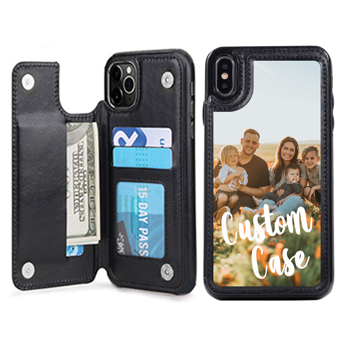 Custom Photo Wallet Case for iPhone Xs - Personalized PU Leather Cover with Credit Card Holder & Shockproof Protection | Perfect for Travel, Work & Everyday Use | Uartify Black Flip iPhone Xs Case