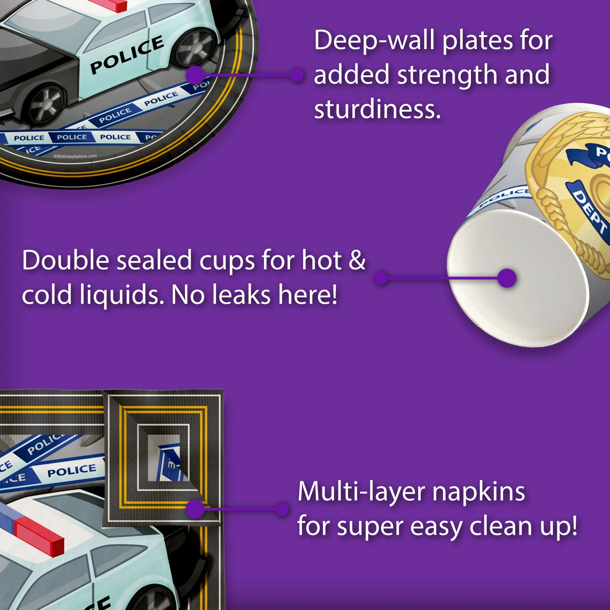Police Birthday Party Supplies Set - 16-Piece Tableware Kit with Plates, Napkins & Cups for Cop Themed Celebrations, Office Parties & Kids' Events