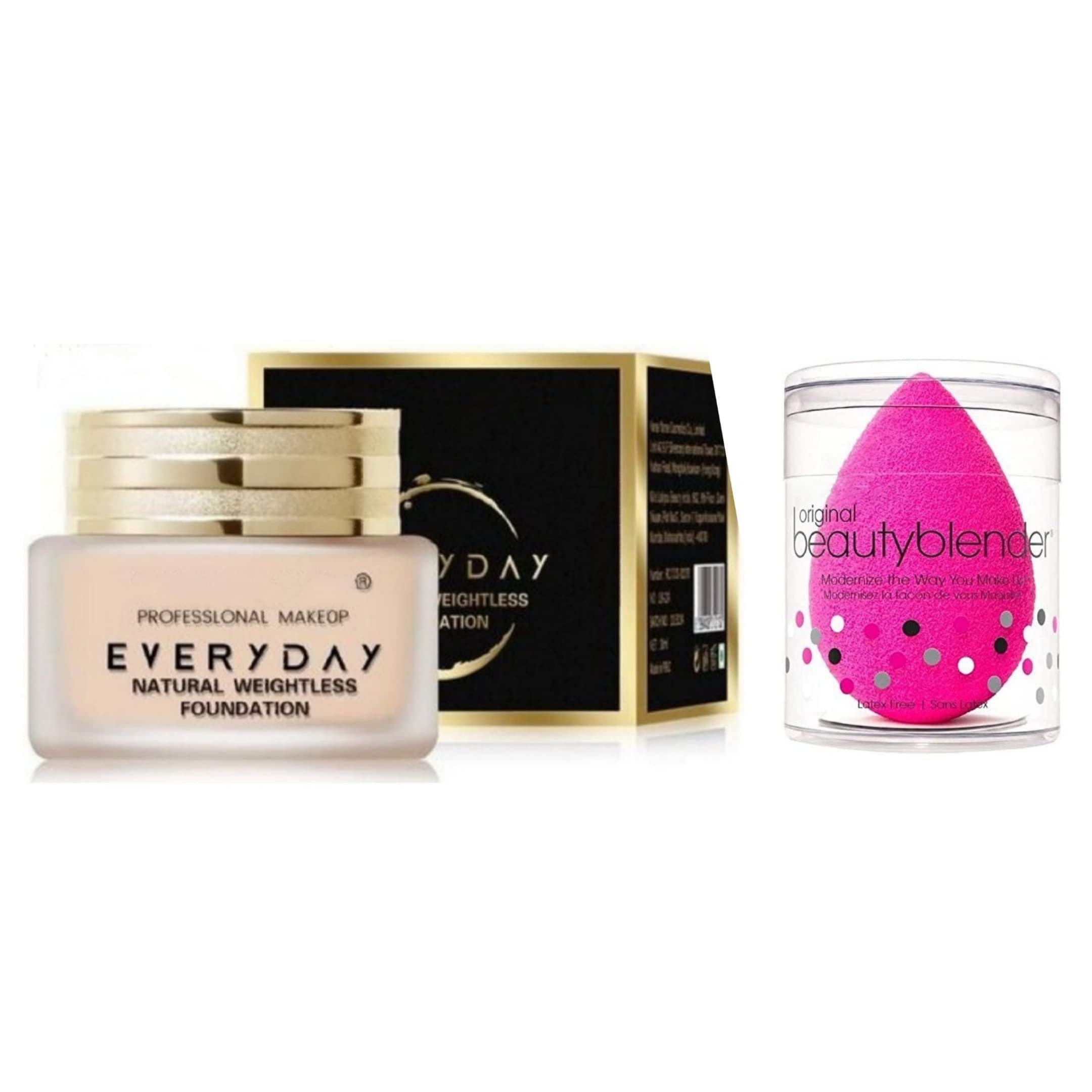 Huda Beauty Professional Natural Weightless Foundation - Everyday Wear, Oil-Free & Long-Lasting (Pack of 2 with Beauty Blender) | Perfect for Daily Makeup, Special Occasions & Photo Shoots