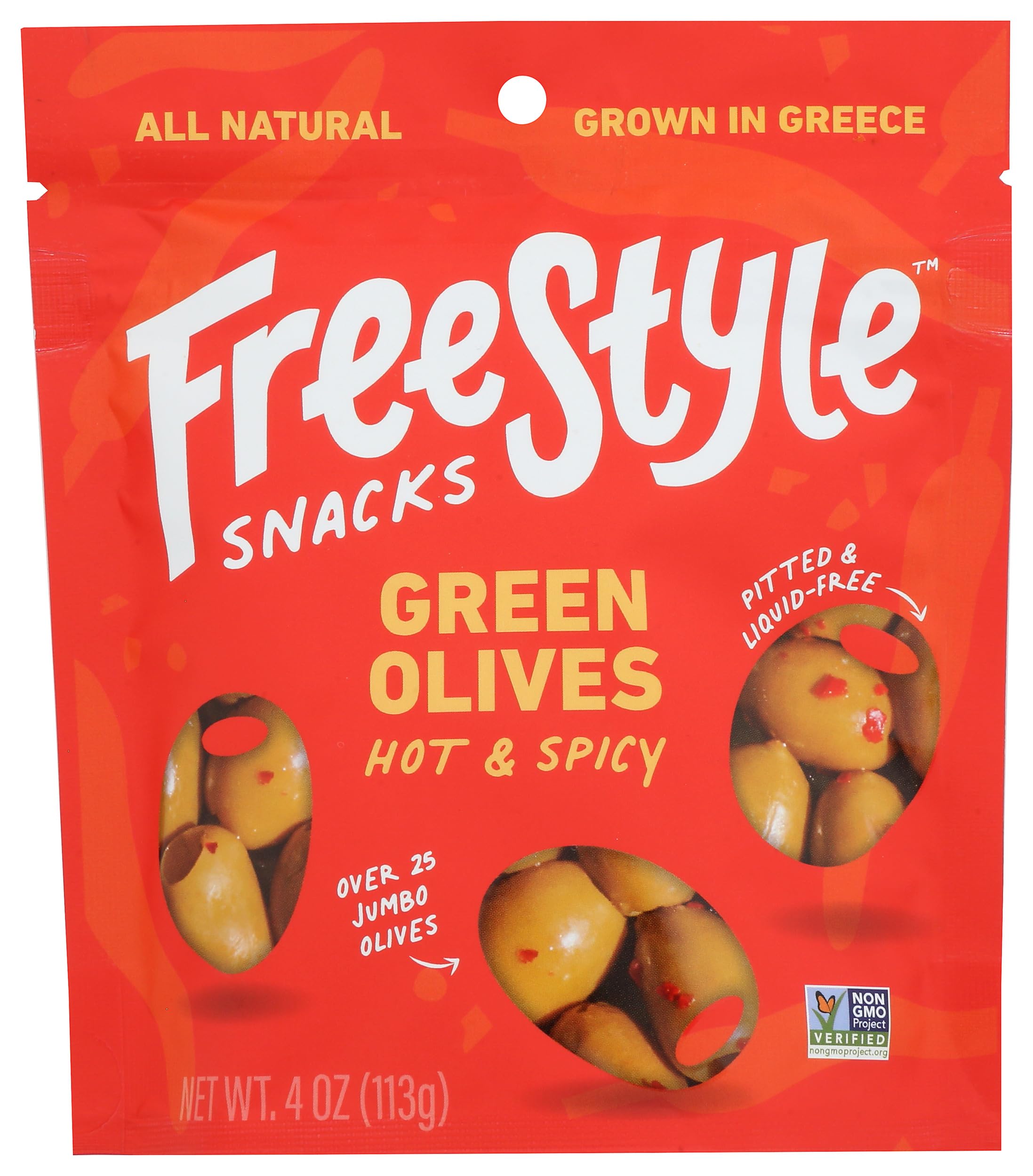 Freestyle Snacks Spicy Green Olives - 4 oz | Hot & Flavorful Mediterranean Snack | Perfect for Salads, Charcuterie Boards & Healthy Snacking