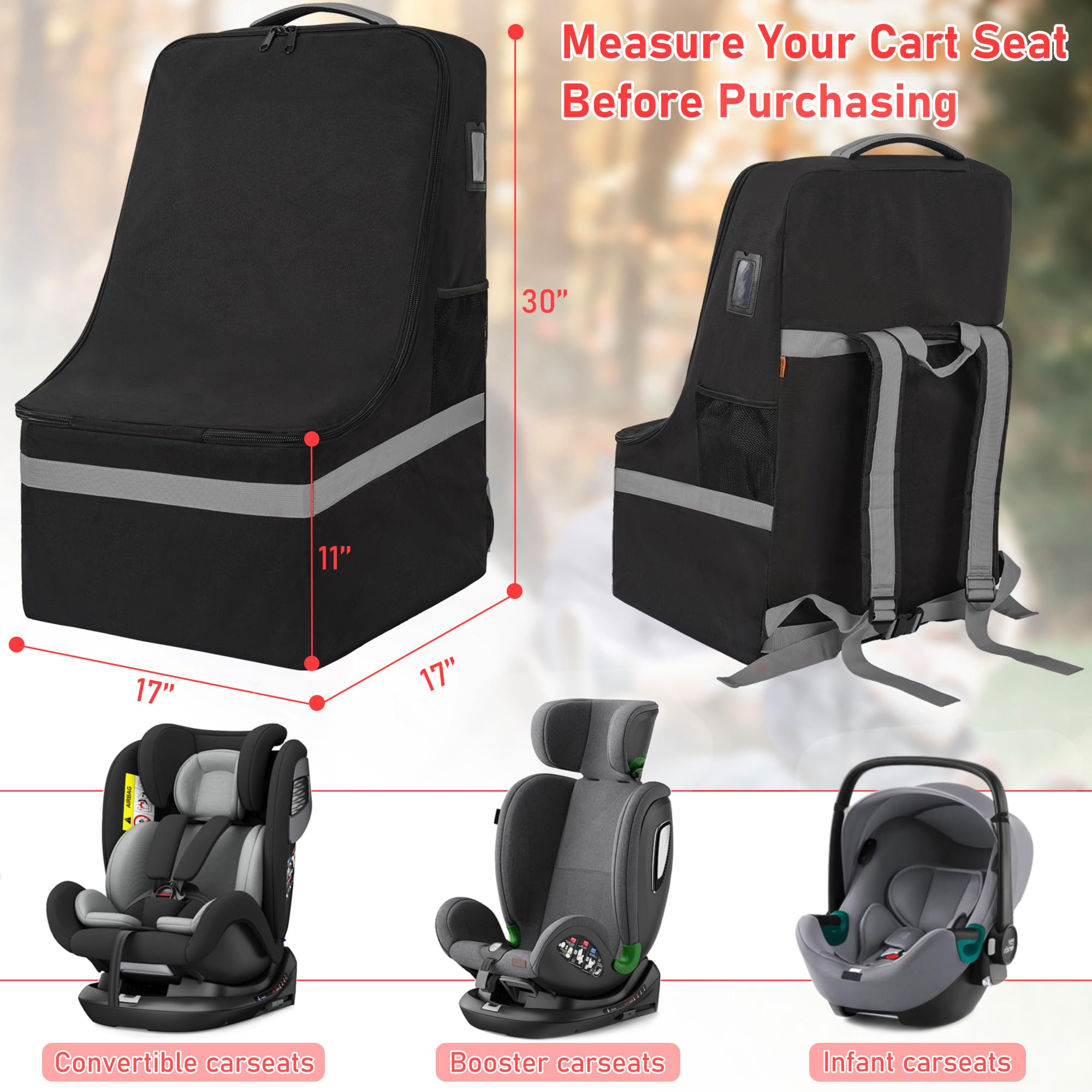 Heavy Duty Car Seat Travel Bag for Airplane - Waterproof Gate Check Car Seat Backpack with Adjustable Shoulder Strap | Perfect for Air Travel, Road Trips & Baby Gear Storage