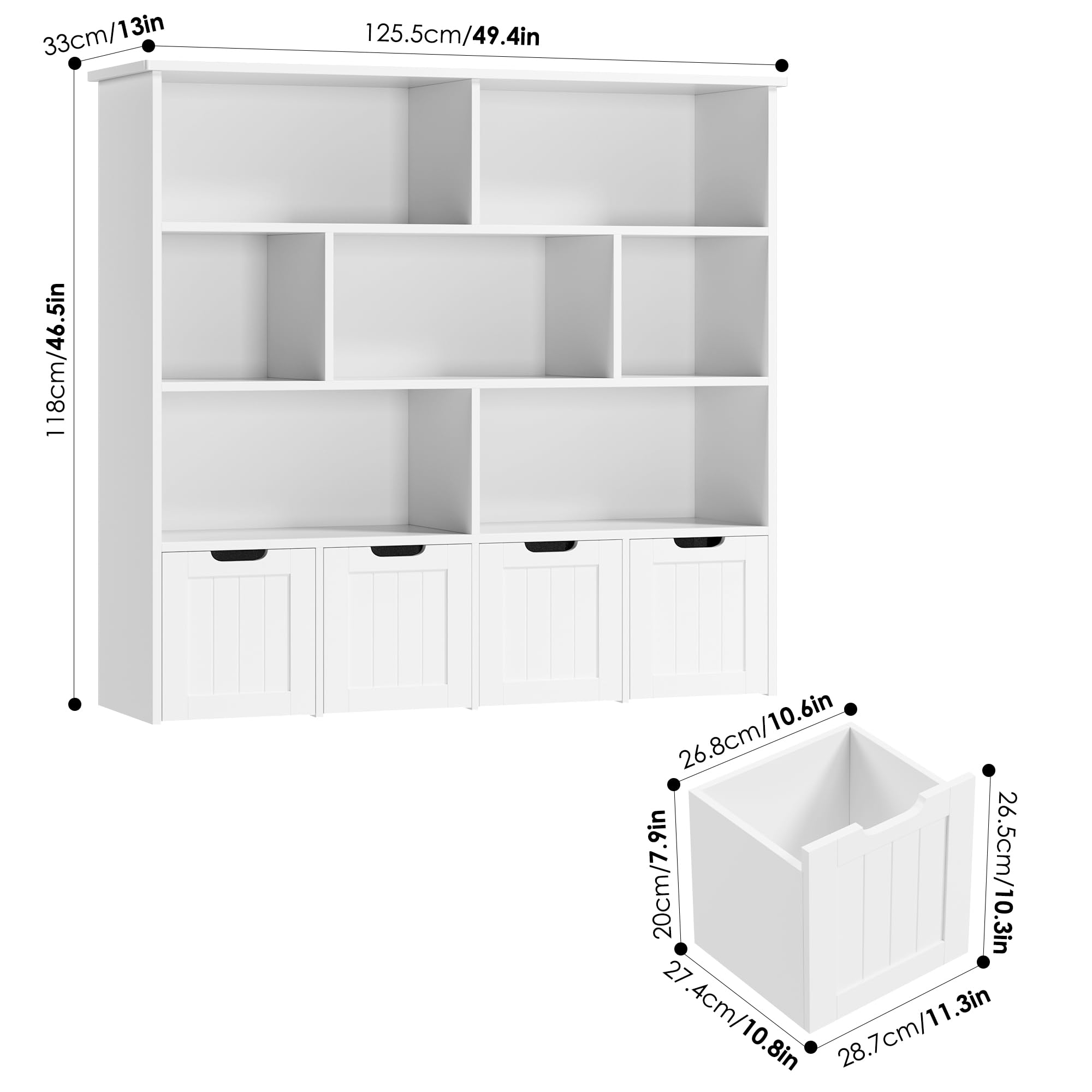 FINETONES Large Toy Storage Organizer with 4 Movable Drawers & 7 Storage Cubbies - Kids Bookshelf, Toy Chest Shelf with Hidden Wheels - Perfect for Playroom, Nursery & Bedroom Organization (White)