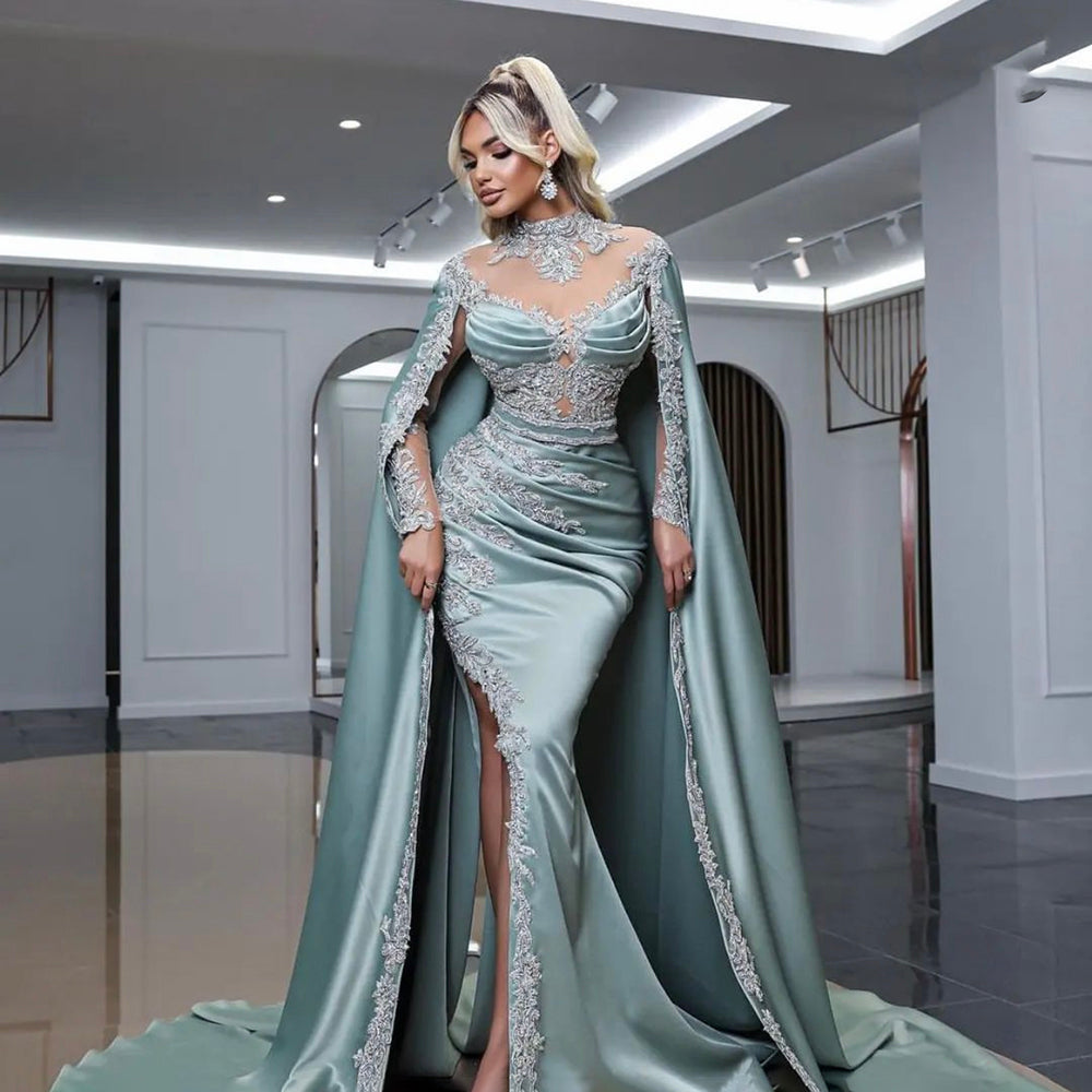 Serene Hill Mint Mermaid Elegant High Collar Beaded Cape Sleeve Luxury Evening Gown for Women 2025 - Perfect for Formal Parties, Prom, Wedding & Black Tie Events
