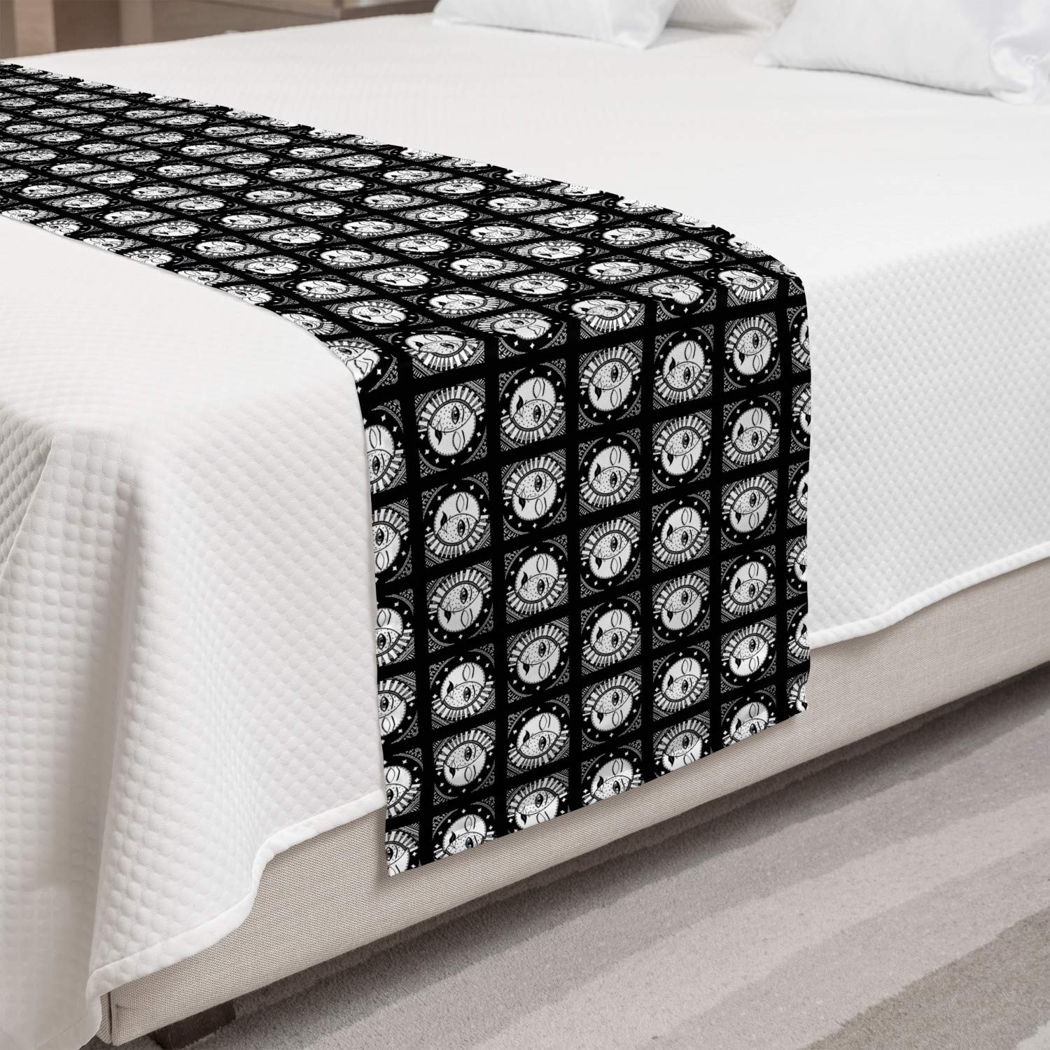 Ambesonne Moon Rays Bed Runner - Half Sun & Crescent Moon Continuous Pattern Decorative Bed Scarf - Charcoal Grey & White for Hotels, Homes, Guestrooms - Perfect for Boho Bedroom Decor & Wedding Accents