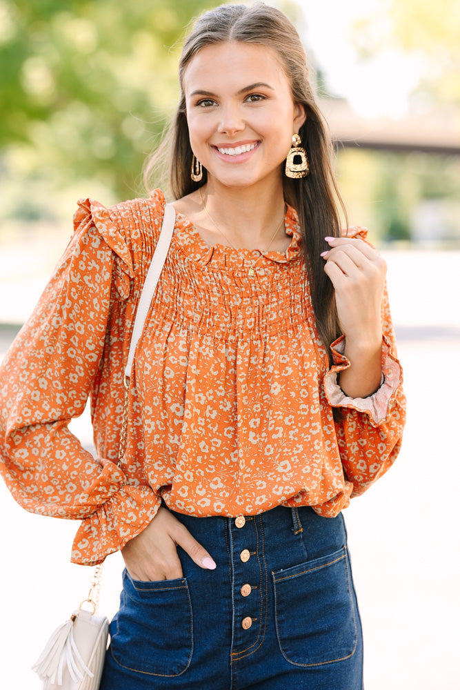 Stylish Rust Orange Floral Blouse for Women - Elegant Boho Chic Top for Casual Outings & Summer Vacations