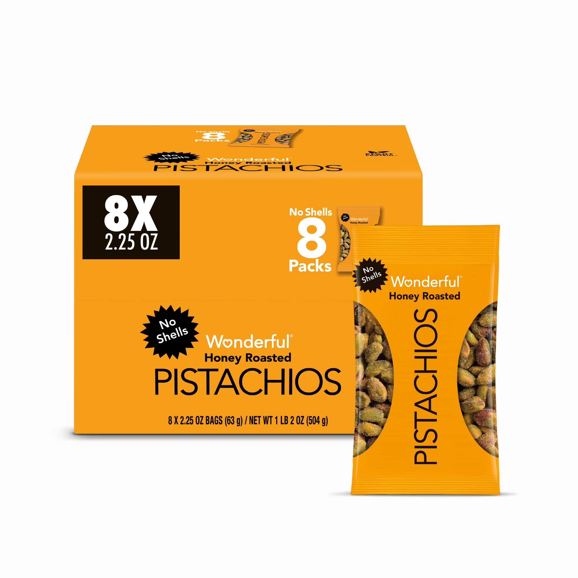 Wonderful Pistachios No Shells Honey Roasted Nuts - 2.25oz Bags (Pack of 8) | Gluten Free Protein Snacks | Healthy Sweet Snacks for Office, Travel & On-The-Go | Keto Friendly Nut Treats