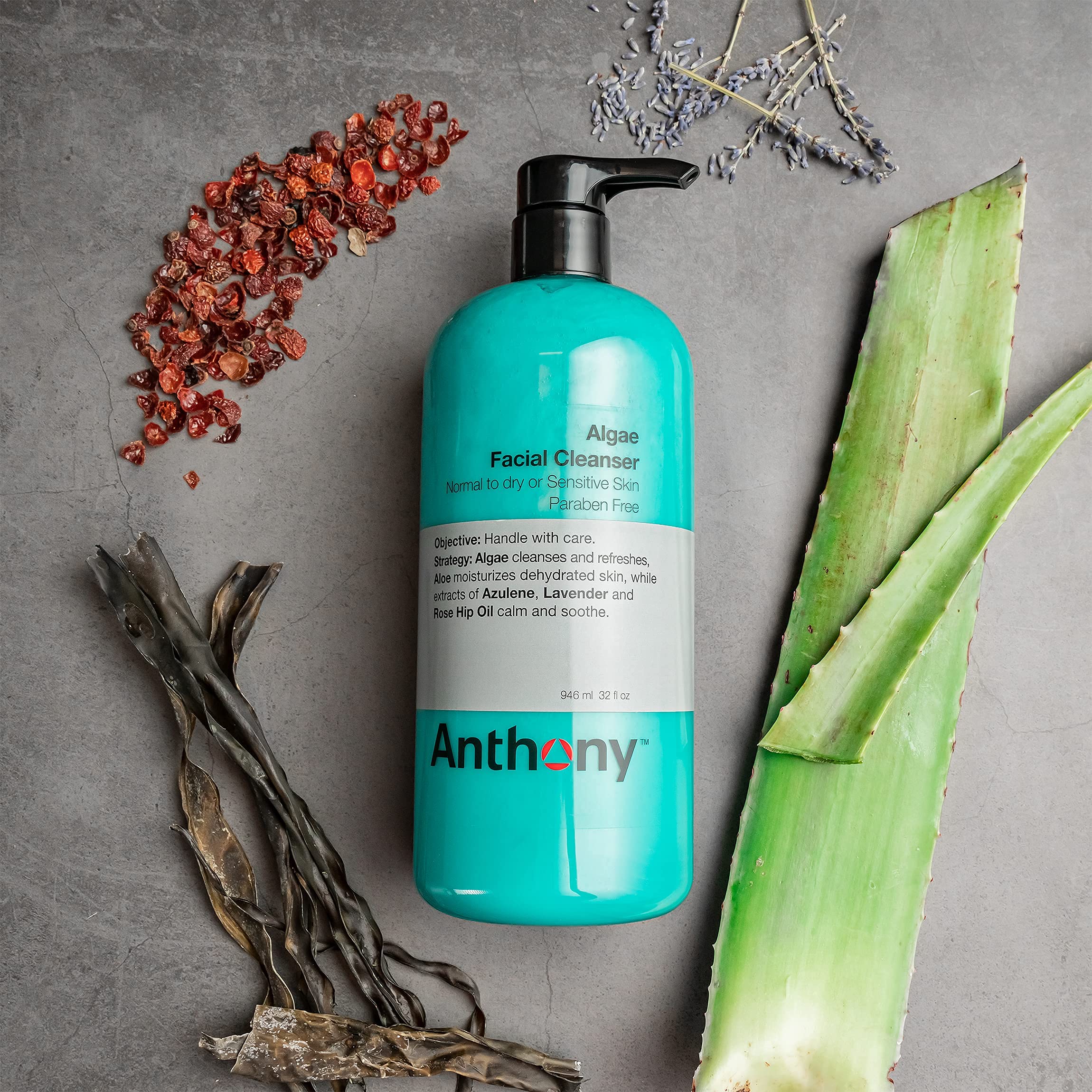 Anthony Algae Facial Cleanser 32 Fl Oz - Deep Cleansing with Algae, Aloe Vera & Rosehip Oil | Hydrating, Moisturizing & Soothing for Dry, Sensitive Skin | Perfect for Daily Skincare Routine & Post-Workout Refresh