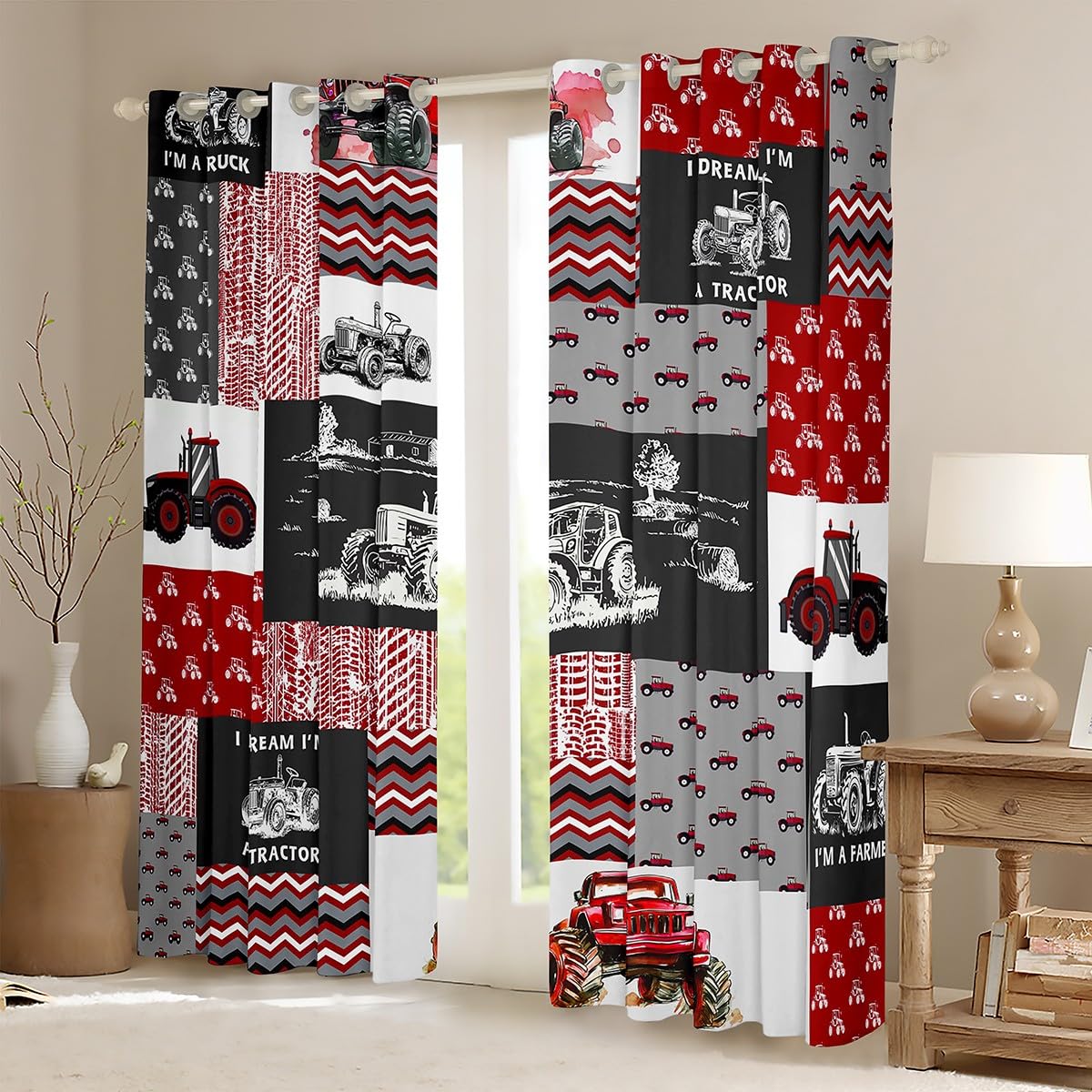 Red Tractor Curtains for Boys Room - Construction Vehicle Window Drapes 38x45