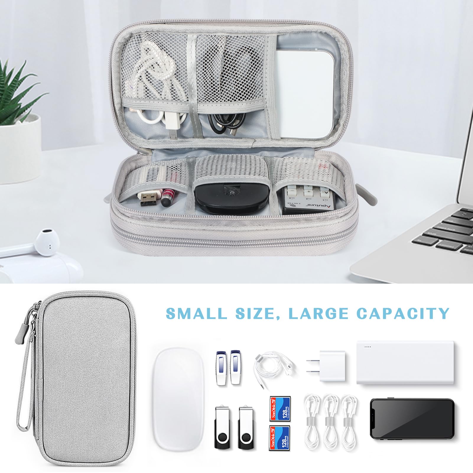 FYY Waterproof Travel Cable Organizer Bag - Medium Grey Double Layer Storage Pouch for Phone Charger, Earphones & Electronic Accessories | Perfect for Business Trips, Commuting & Home Organization