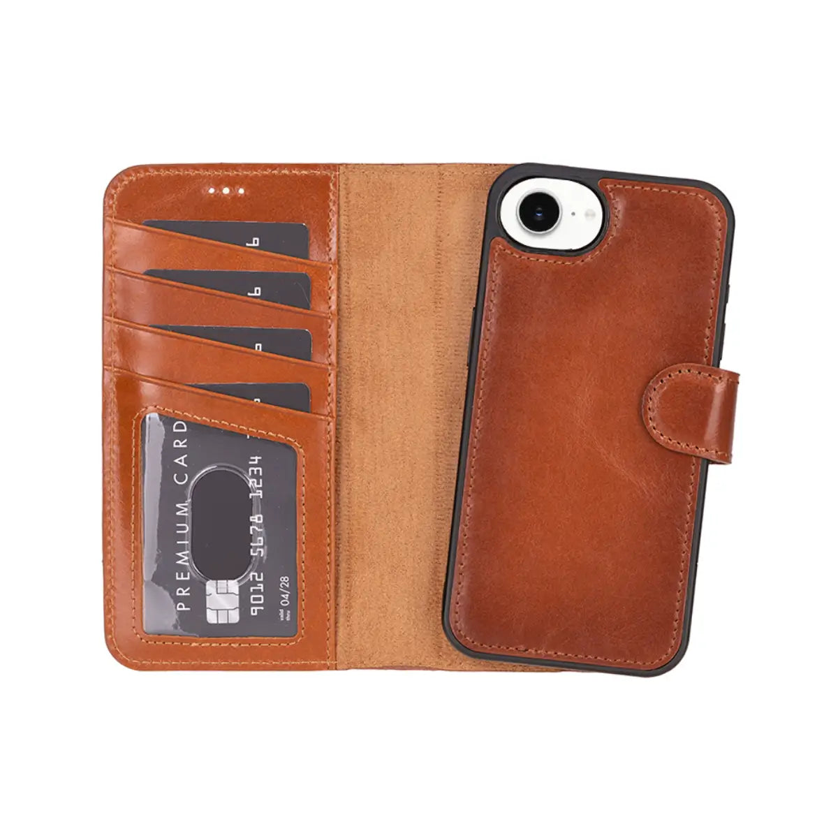 Premium Burnished Tan Leather Wallet Case for iPhone 16e - Slim Protective Phone Cover with Card Slots | Perfect for Everyday Use, Travel & Business (iPhone 16e Case)