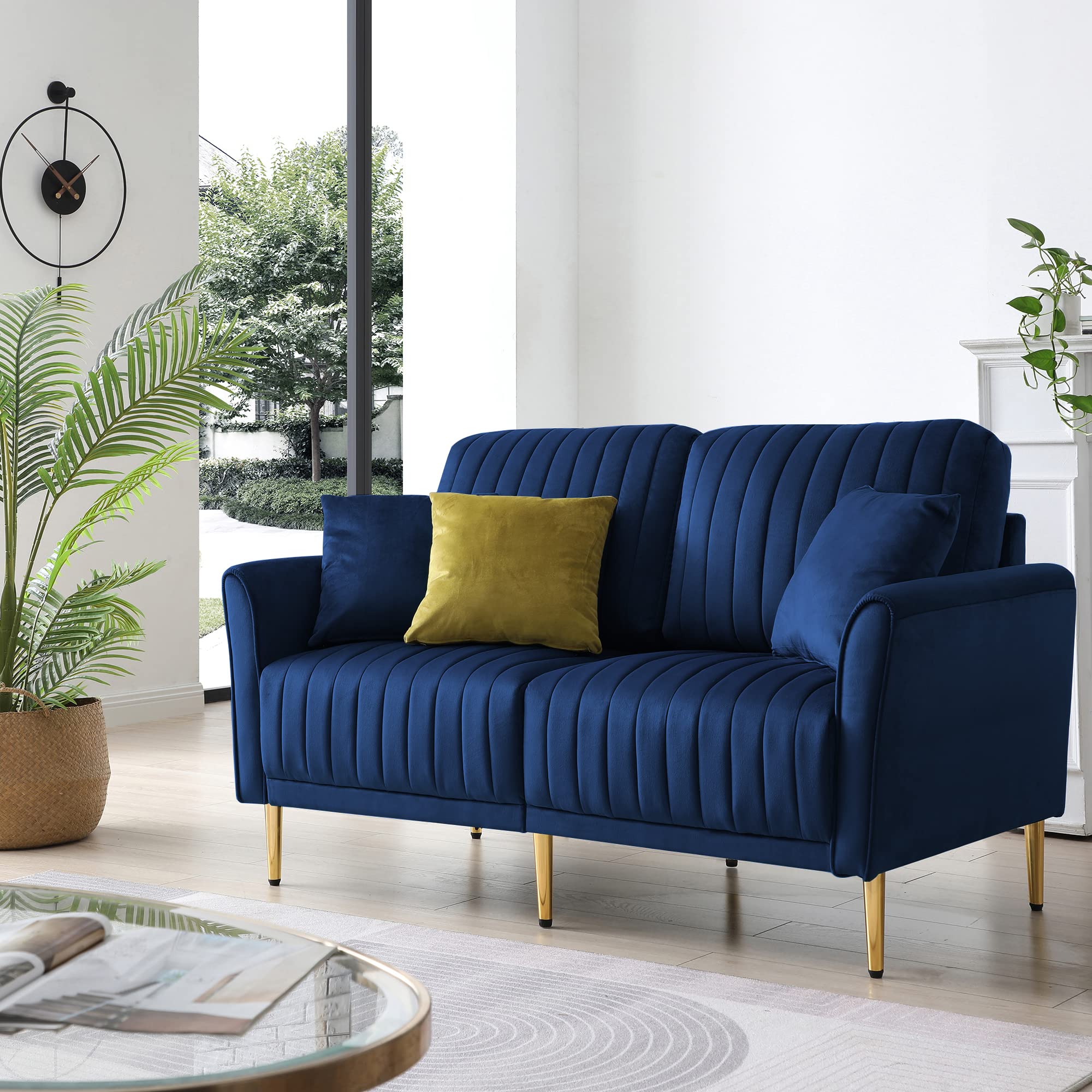 Modern Velvet Sectional Sofa Set with Gold Legs & Scrolled Arms - Navy Blue Vertical Stripe Design with Throw Pillows | Living Room, Bedroom & Small Space Furniture | Perfect for Apartments, Family Gatherings & Cozy Movie Nights