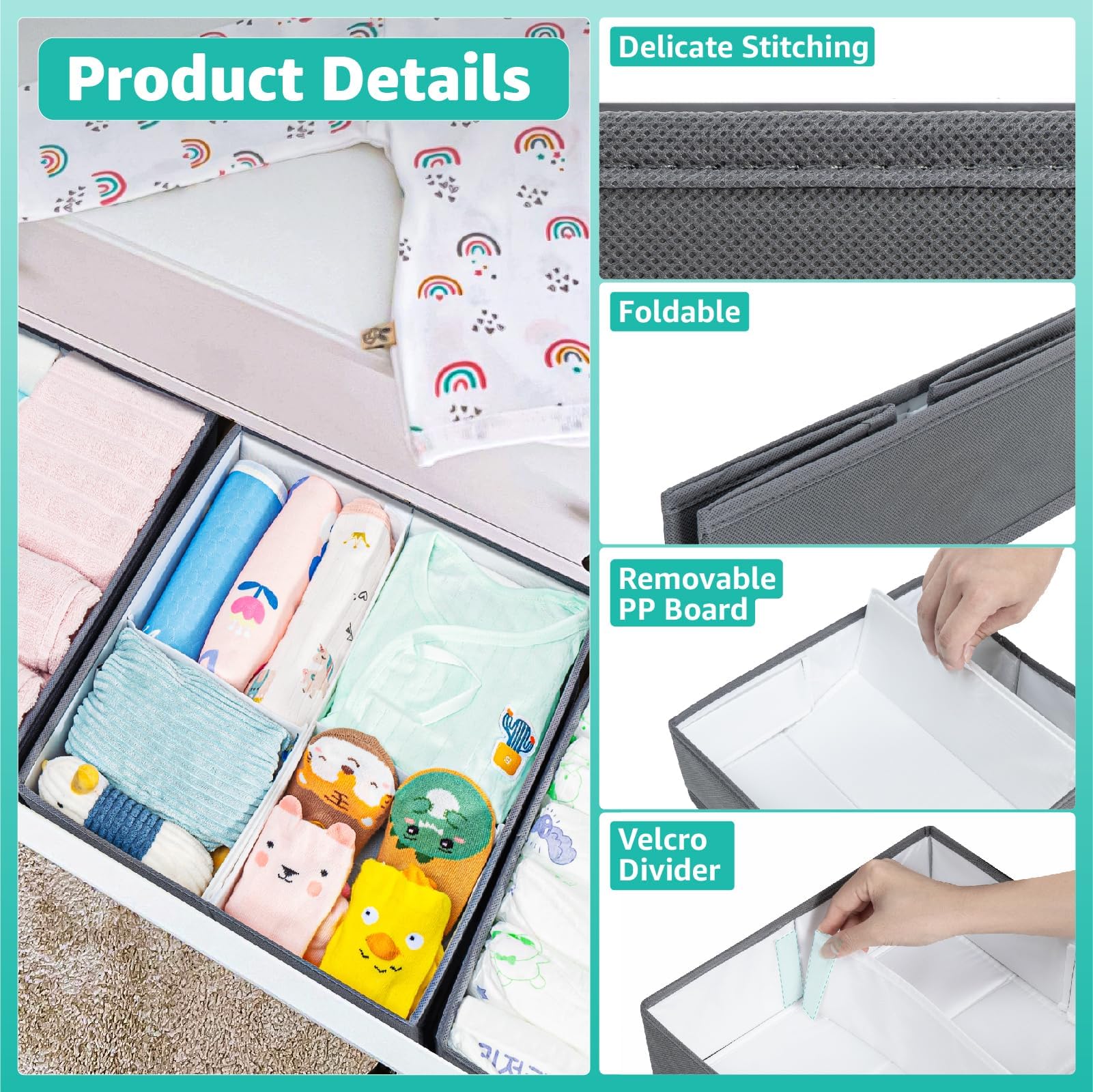 Adjustable Baby Clothes Organizer Set - 4PCS Foldable Nursery Closet & Drawer Dividers for Diapers, Toys, Bibs, Socks | Space-Saving Storage Solution for Kids' Room Organization (Gray) - Perfect for Nursery, Daycare & Travel Baby Essentials Storage