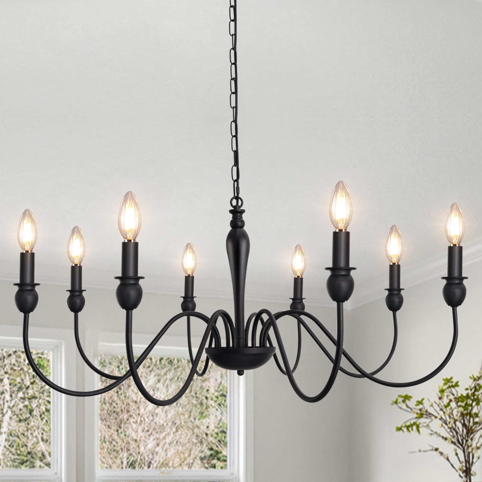 Matte Black Farmhouse Chandelier - 8-Light Rustic Industrial Ceiling Fixture (37 Inch) for Dining Room, Living Room, Bedroom, Kitchen Island & Foyer | Perfect for Farmhouse Decor, Modern Rustic Interiors & Candle-Style Lighting