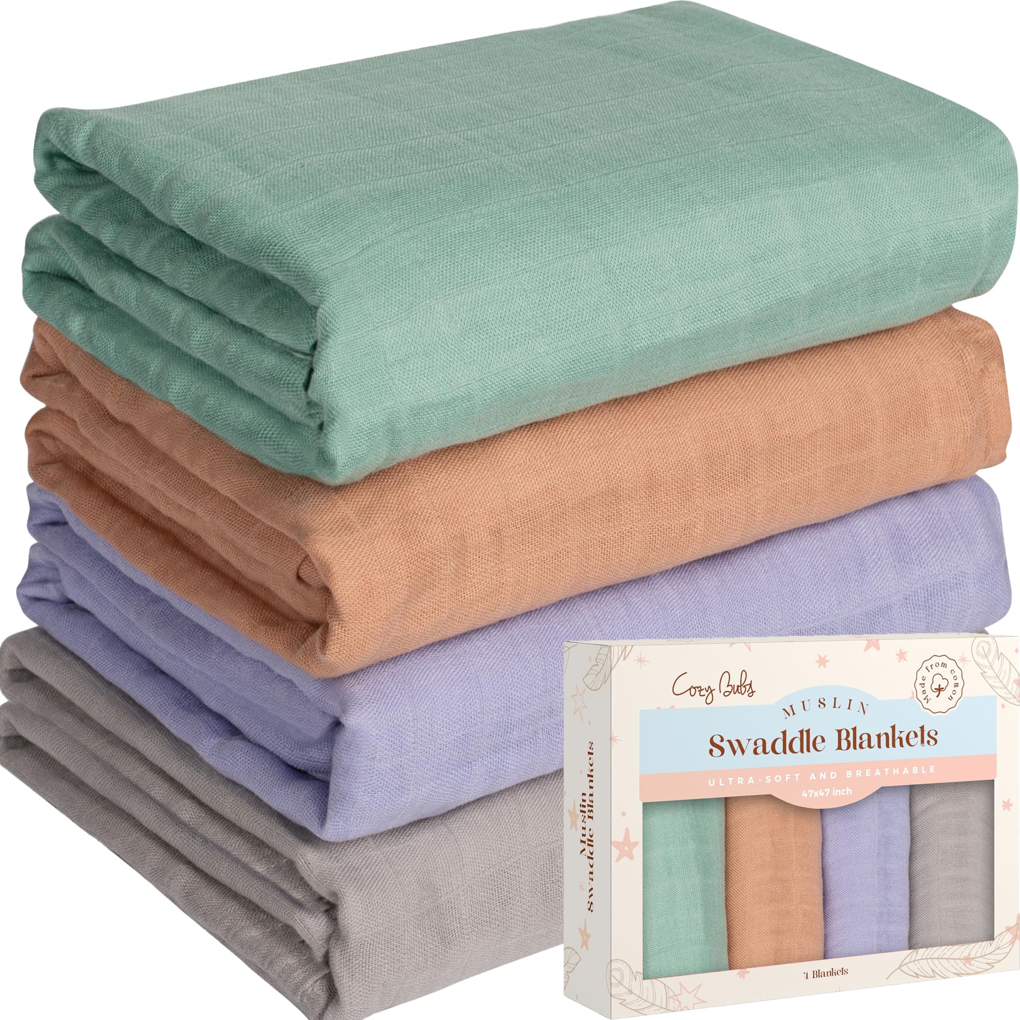 CozyBubs 4-Pack Organic Muslin Swaddle Blankets for Newborns - Soft Baby Swaddle Wraps for Boys & Girls - Breathable & Lightweight for Nursery, Stroller & Travel
