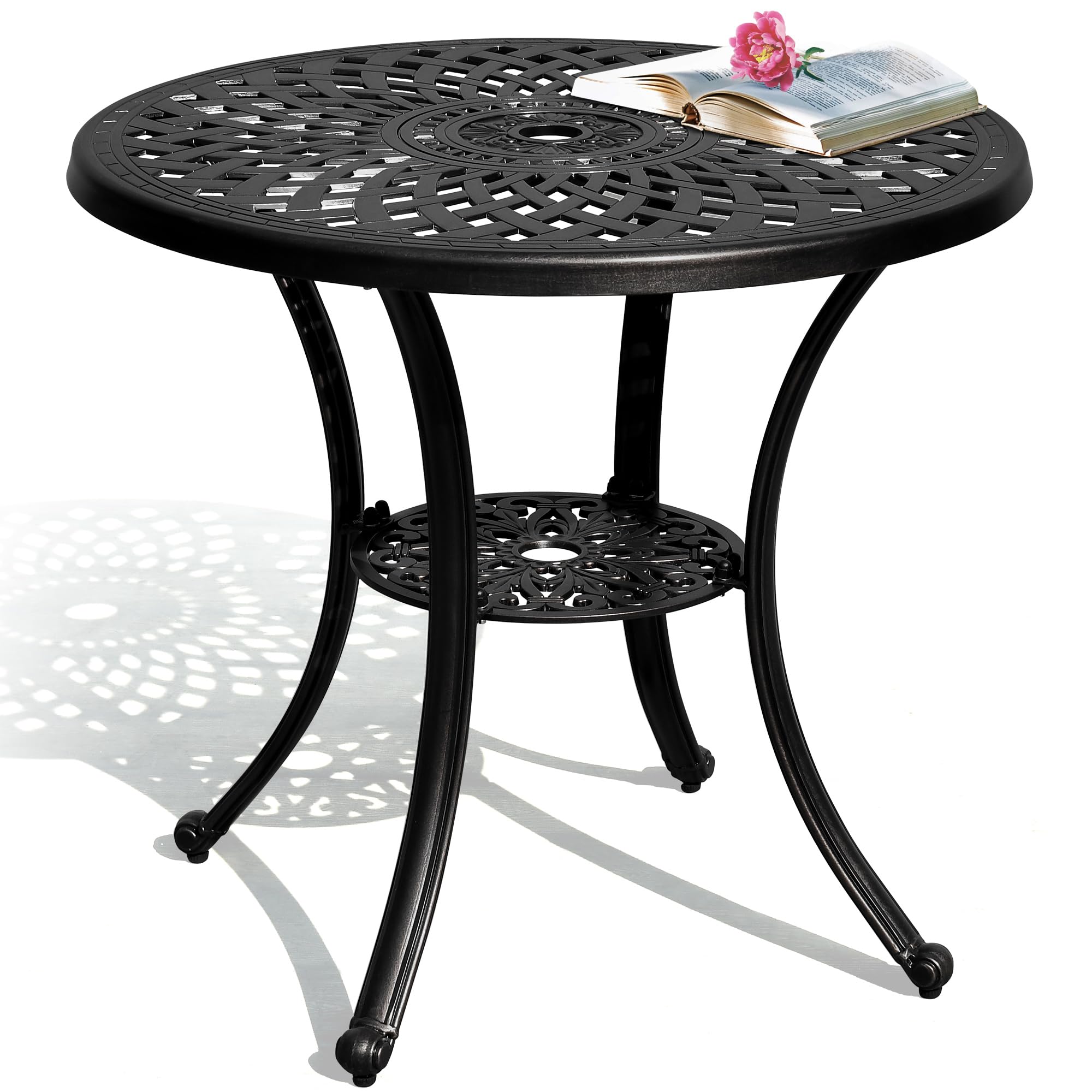DWVO 30-Inch Round Outdoor Dining Table with Umbrella Hole - Antique Cast Aluminum Patio Bistro Table for Backyard, Garden, Deck, Porch - Weather-Resistant Black Side Table for Outdoor Entertaining & Relaxation