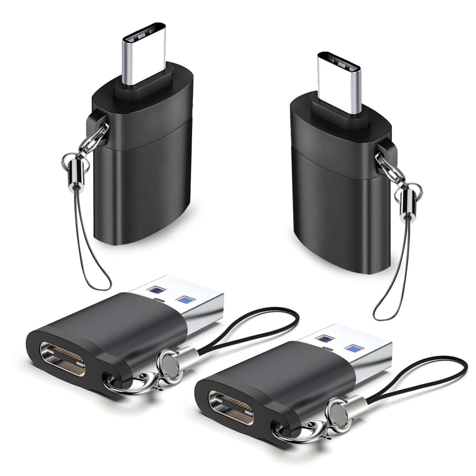 4 Pack USB to USB C Adapter Set - 2x Type C Female to USB A Male + 2x USB C Male to USB 3.0 Female OTG Converter - Compatible with iPhone 16/15/14/13 Pro Max, Apple Watch Ultra 8/9, AirPods, Samsung Galaxy S24 - Perfect for Charging, Data Transfer & Device Connectivity (Black)