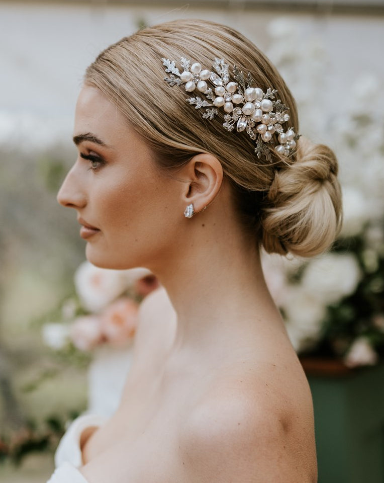 Elegant Bridal Headpiece - Pearl Floral & Leaf Hair Comb by Kezani Claudia | Perfect for Weddings, Prom & Special Occasions | Buy or Hire Online