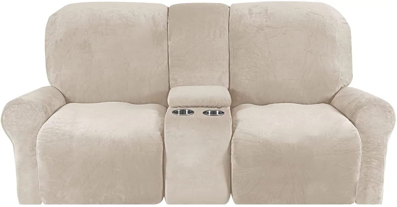 Velvet Stretch Recliner Sofa Slipcover with Cup Holders - 8-Piece Set for 2-Seat Love Seat Recliner with Middle Console | Thick, Soft & Machine Washable | Perfect for Living Room, Home Theater & Family Room (Beige)