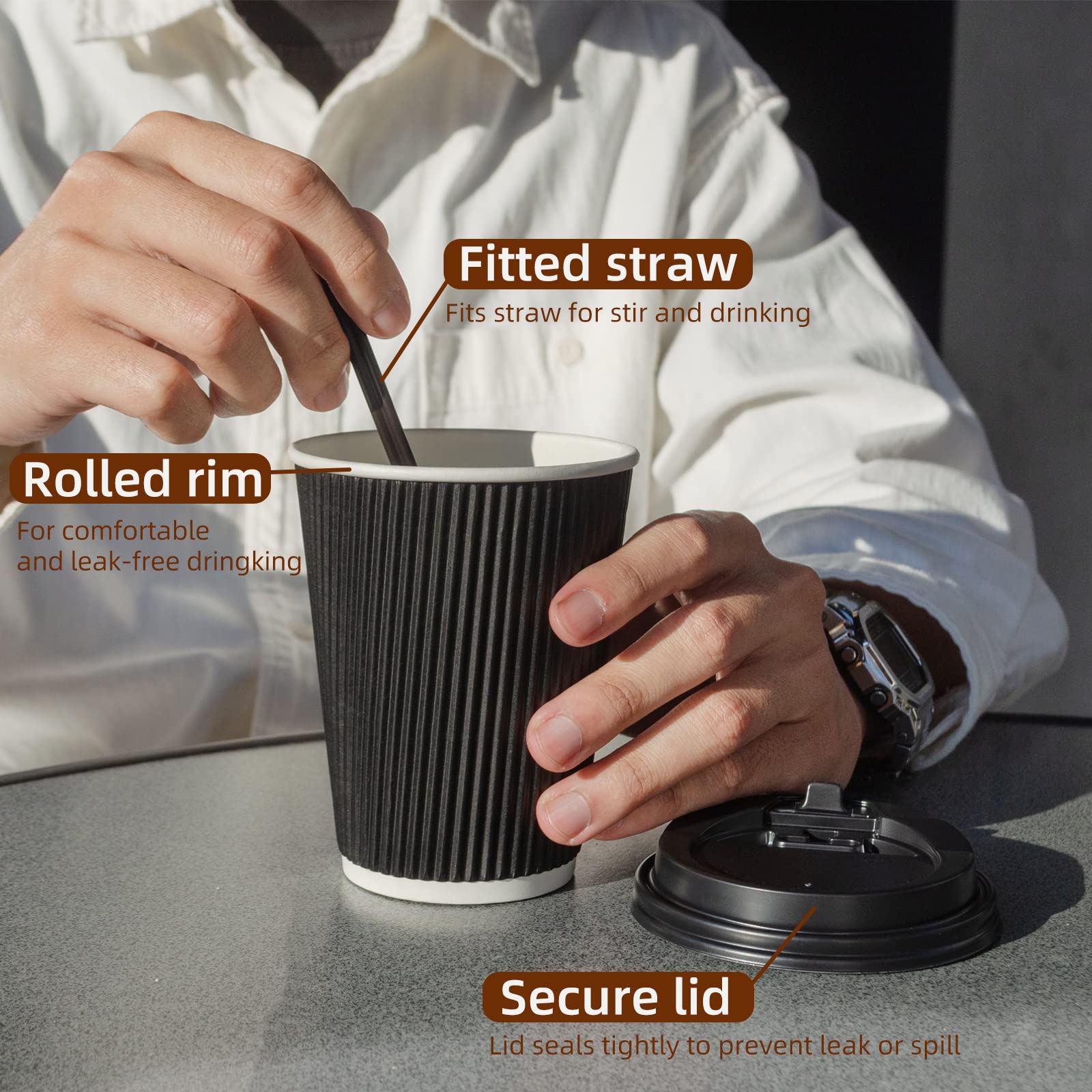 12 oz Disposable Black Coffee Cups with Lids - 3-Layer Insulated Hot & Cold Drink Cups for Coffee, Tea, Chocolate, Cocoa - Perfect for Office, Cafes, Parties & Takeout [50 Pack]