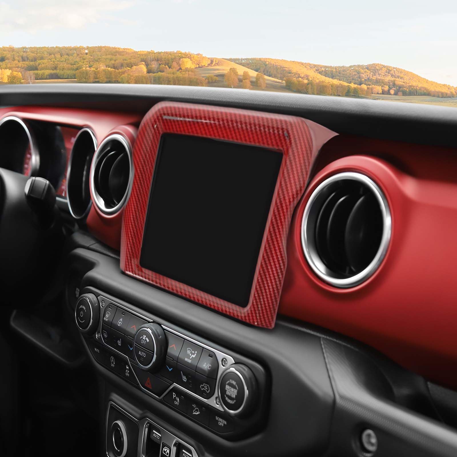 Jeep JL Center Console Radio Display Panel Trim Cover - Red Carbon Fiber Interior Accessory for 2018-2023 Wrangler JL JLU & Gladiator JT (8.4 inch) - Upgrade Your Ride with Premium Style & Protection for Off-Road Adventures