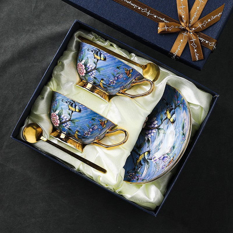 Blue Bird and Butterfly Bone China Porcelain Tea Cup Set - Elegant British Tea Cup and Saucer in Gift Box, Fine Ceramic Coffee Cups for Afternoon Tea, Bridal Shower, and Home Decor