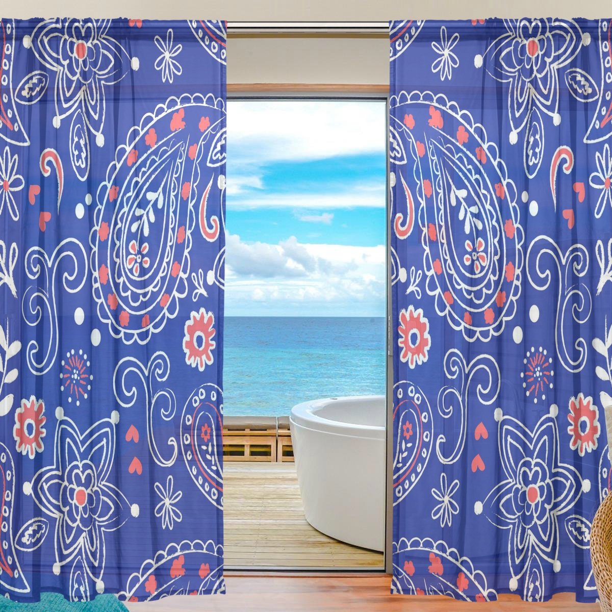 Elegant Voile Sheer Curtains 2 Panels - Paisley Pattern 55x84 Inch for Window & Door Decor
