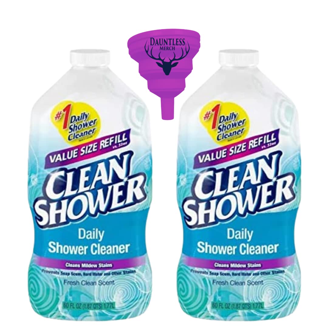 Daily Shower Cleaner Refill 60 fl oz (2 Pack) with Bonus Funnel - Eliminates Soap Scum & Hard Water Stains | Perfect for Bathroom, Tile & Glass Shower Doors Cleaning