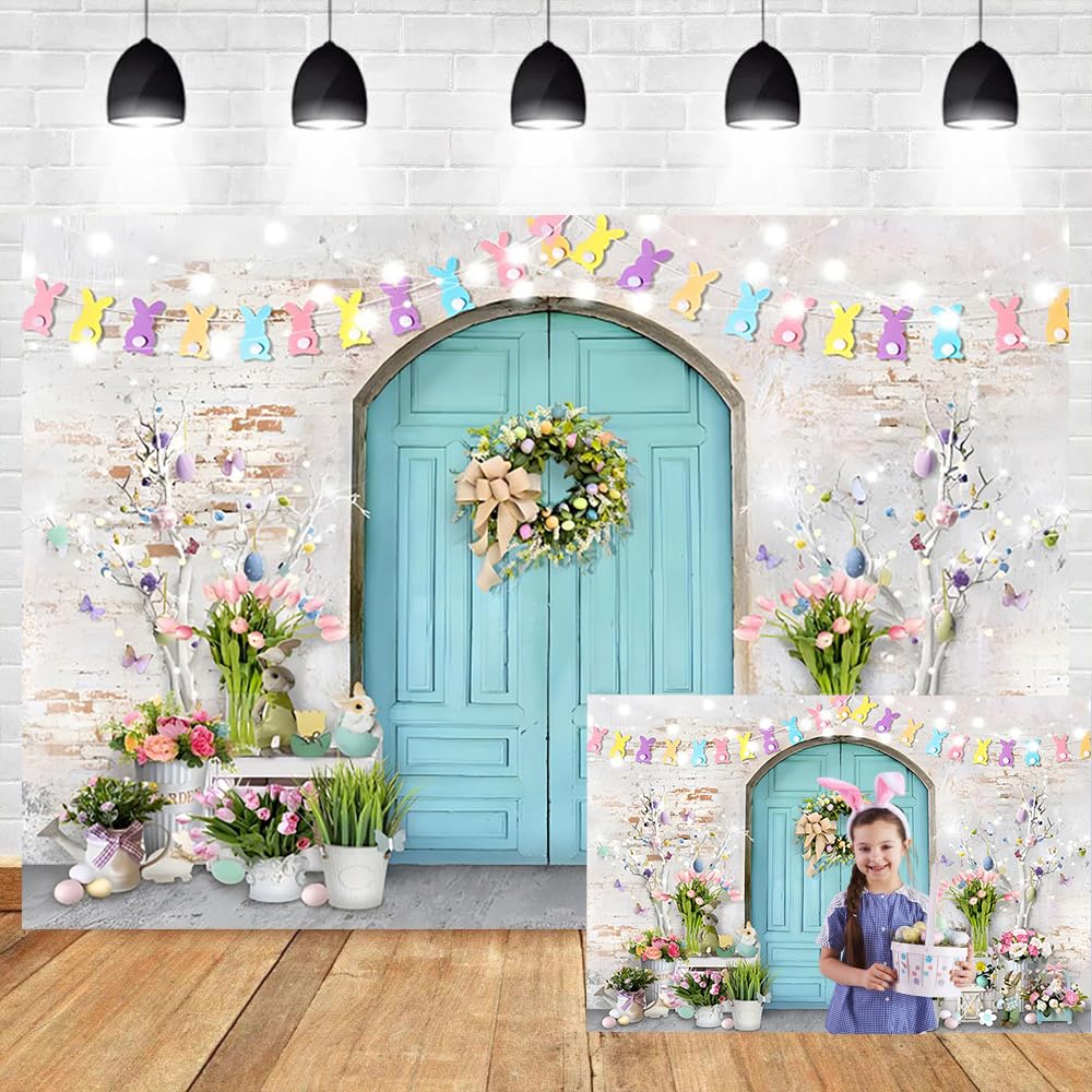 Colorful Easter Bunny Eggs Floral Spring Photography Backdrop - 12x10ft Wooden Door Brick Wall Background for Easter Party, Baby Shower, Birthday Decor & Photo Booth Props (Perfect for Indoor/Outdoor Events & Social Media Photos)