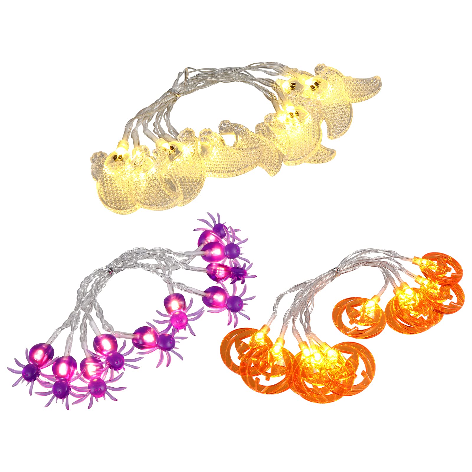 Veemoon Halloween String Lights - 3 Pack Battery Operated LED Pumpkin Ghost Spider Lights for Indoor Outdoor Home Party Decor - Perfect for Halloween, Christmas, and Festive Events