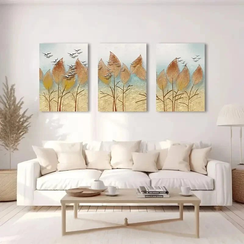 3-Piece Golden Leaves and Birds Autumn Landscape Metal Wall Art - Ready to Hang Home Decor for Living Room, Bedroom, Office