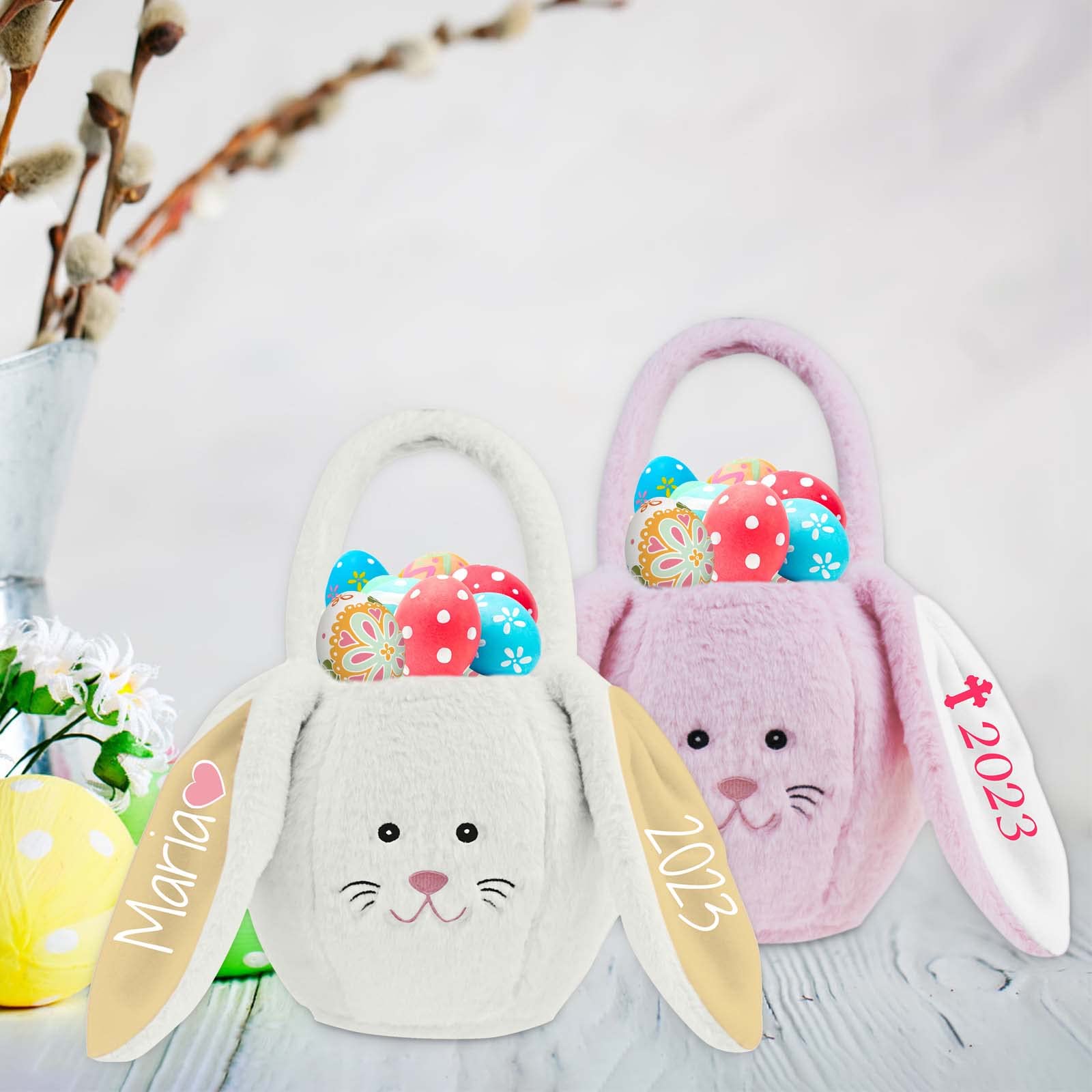 Personalized Bunny Easter Basket with Name - Custom Plush Easter Gift Basket with Handle for Kids, Girls, Baby & Toddler - Fluffy Pink Egg Bag for Easter Egg Hunt, Party Favors & Spring Celebrations