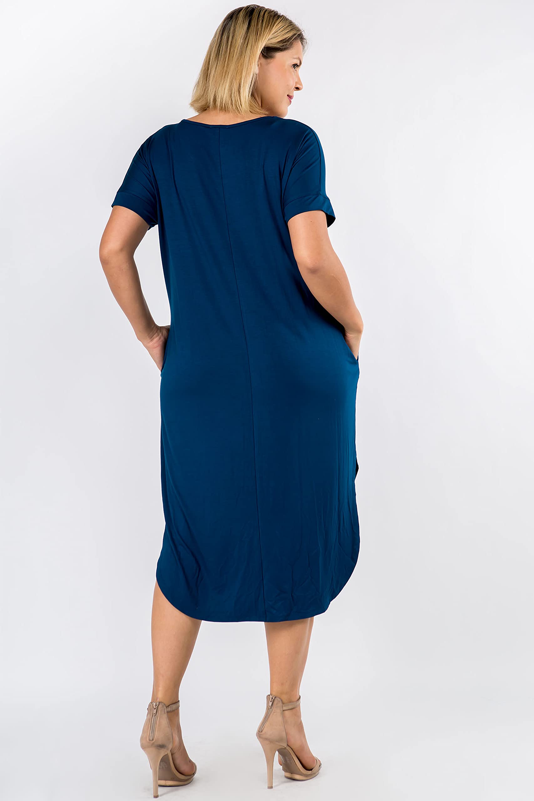 YELETE Women's Striped Curved Hem Midi Dress with Pockets - Flowy Summer Casual Dress for Beach, Vacation & Everyday Wear