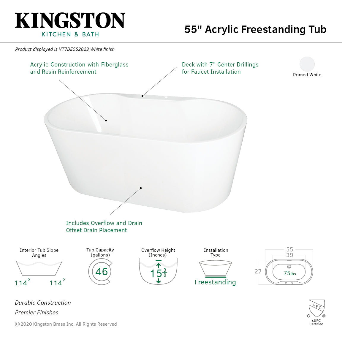Aqua Eden VT7DE552823 55-Inch Freestanding Acrylic Oval Bathtub with Drain - Glossy White - Perfect for Luxury Bathrooms & Spa Retreats