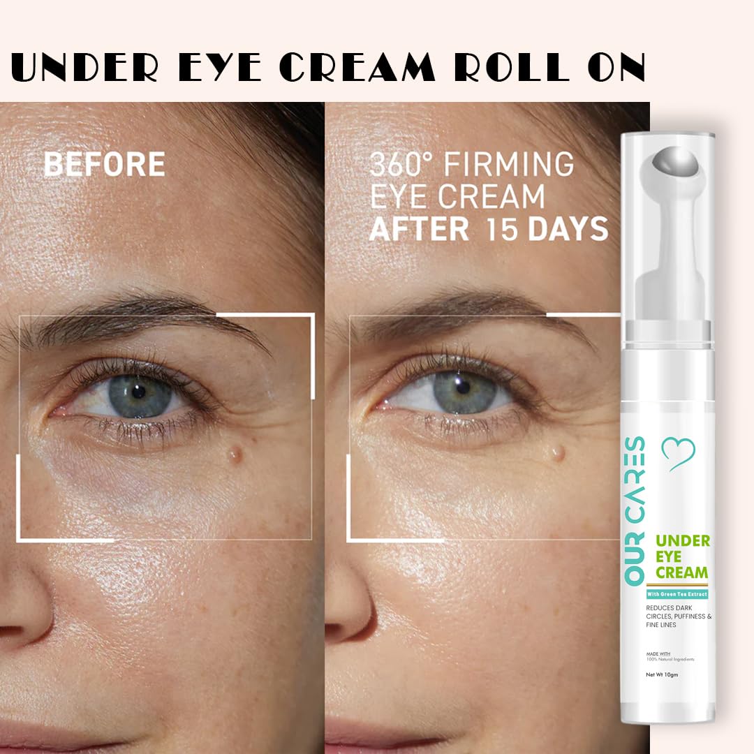 OURCARES Under Eye Cream for Dark Circles & Wrinkles - Anti-Puffiness Cooling Gel with Green Tea Extract, Niacinamide & Vitamin E - Eye Roller Massage for Refreshed Skin (10g) - Perfect for Morning Routine & Travel Skincare