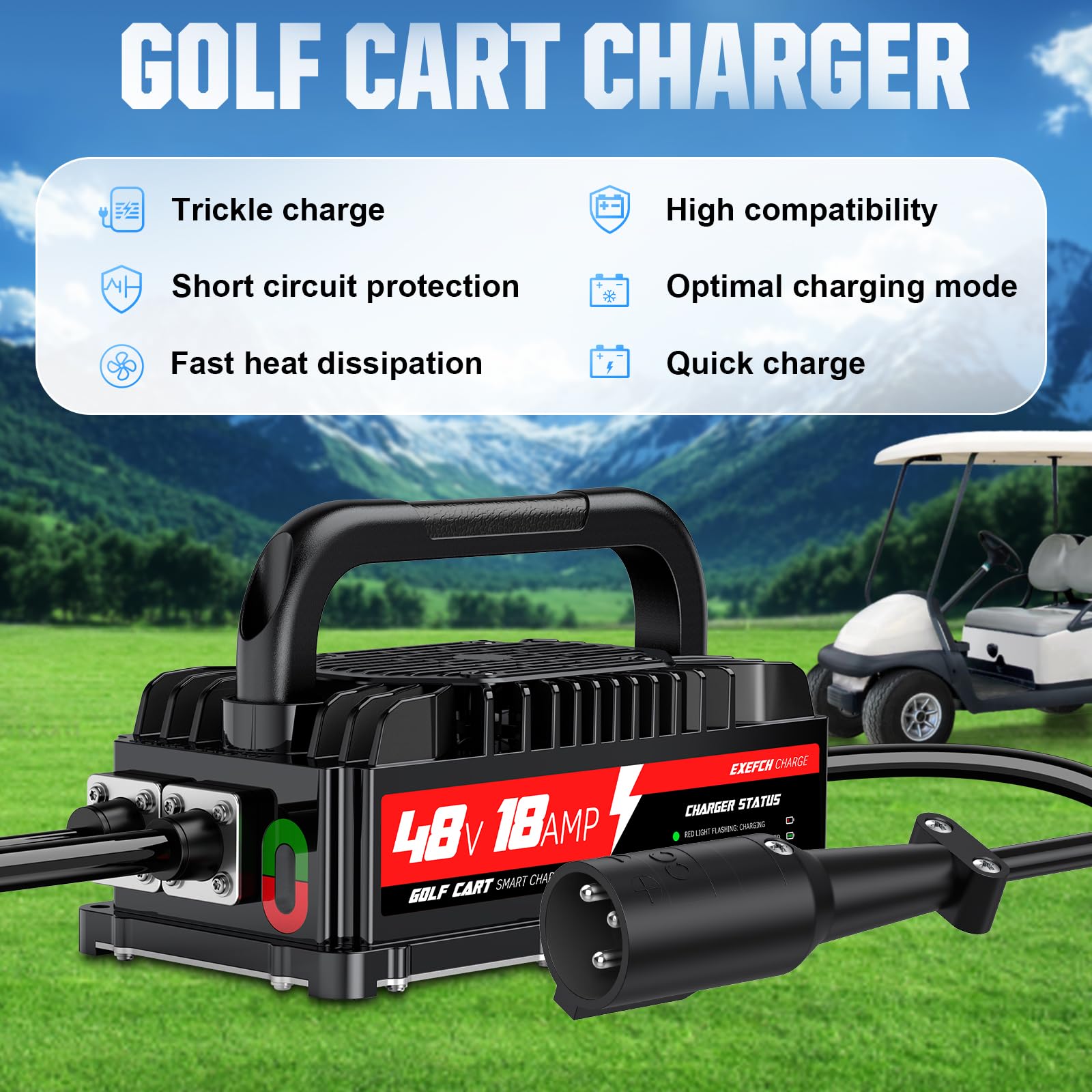 Club Car DS 48V Golf Cart Battery Charger - 18A Smart Charger with 3-Pin Round Plug for Lead Acid Batteries | 800W Fast Charging, 17FT Cable & Socket Included | Perfect for Golf Courses, Resorts & Home Use